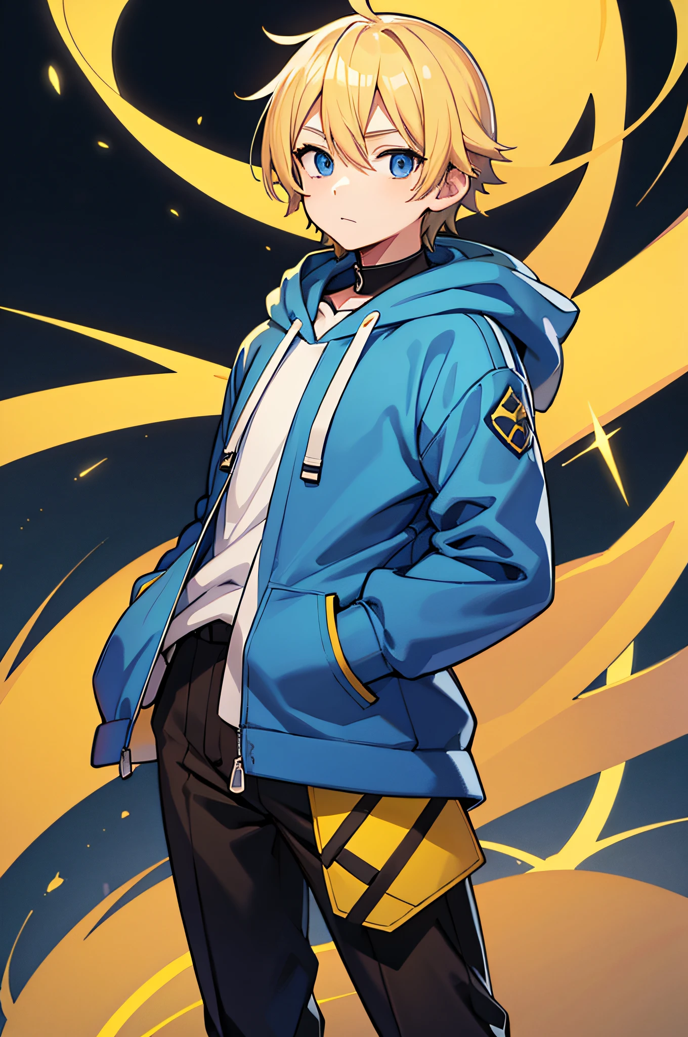 1 young man、a blond、Looking at the camera、baggy light yellow hoodie、hands in the pocket、Black pants、High Quality、Anthropomorphic version of Pokemon's Denjumoku、light blue eyes