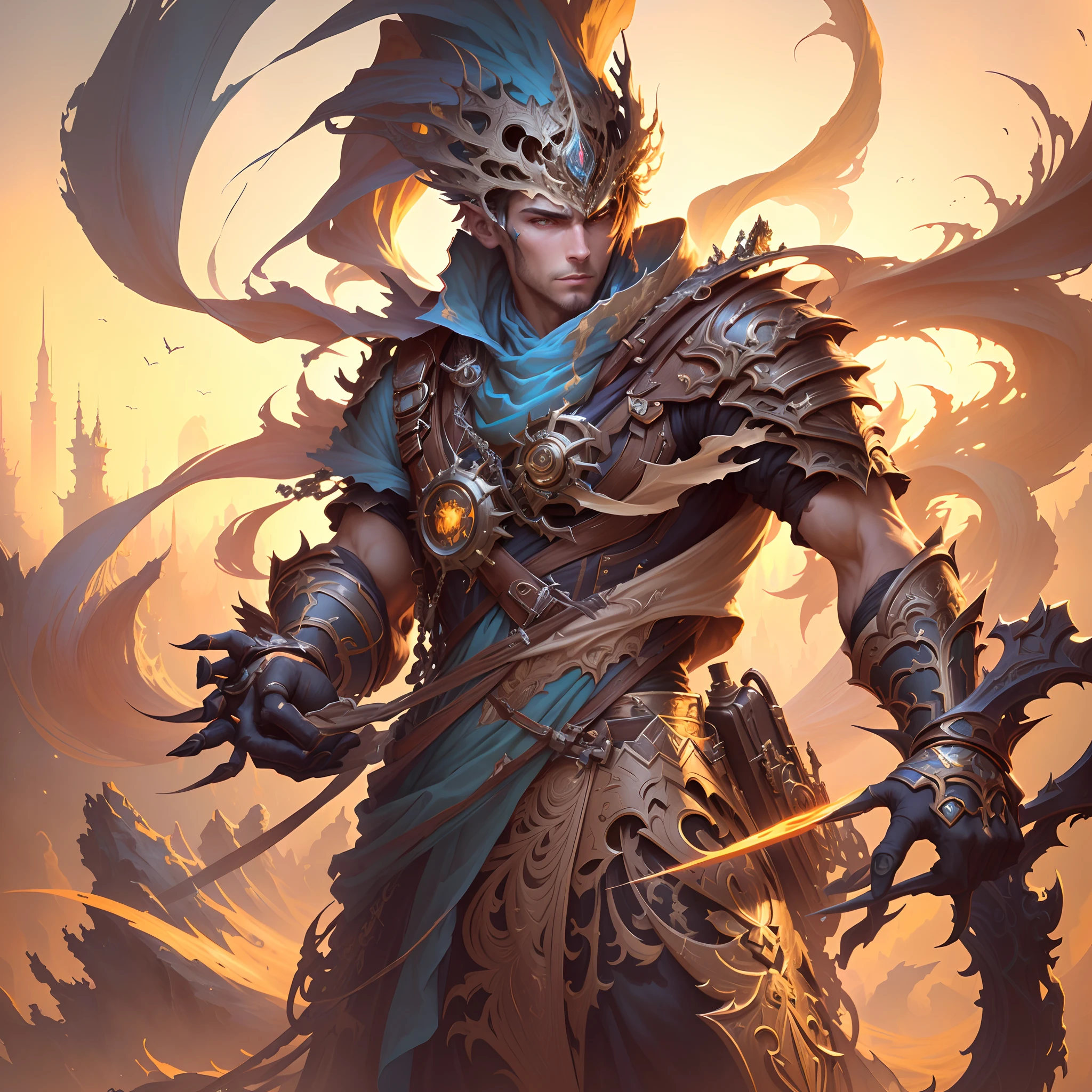 a close up of a person in a costume with a bunch of papers, mohrbacher, peter mohrbacher. unreal engine, peter mohrbacher style, peter mohrbacher c 2 0, peter mohrbacher artstyle, style of peter mohrbacher, peter mohrbacher'', peter mohrbacher digital art, in the art style of mohrbacher outline, hyperdetailed intrinsically detailed, fantasy, unreal engine, fantastic, intricate details, splash screen, complementary colors, fantasy concept art, 16k resolution, deviantart masterpiece, , heavy strokes, splash arts, neon environment, soft colors, style watercolor, specific filigree, edge lighting, magic, surreal, fantasy, ultra, realistic, sharp features, highly detailed, sharp focus, soft colors, perfect face, perfect eyes, perfect, male form, vivid, cinematic, film light, hyper detailed, hyper realistic, masterpiece, atmospheric, high resolution, vibrant, dynamic studio lighting,