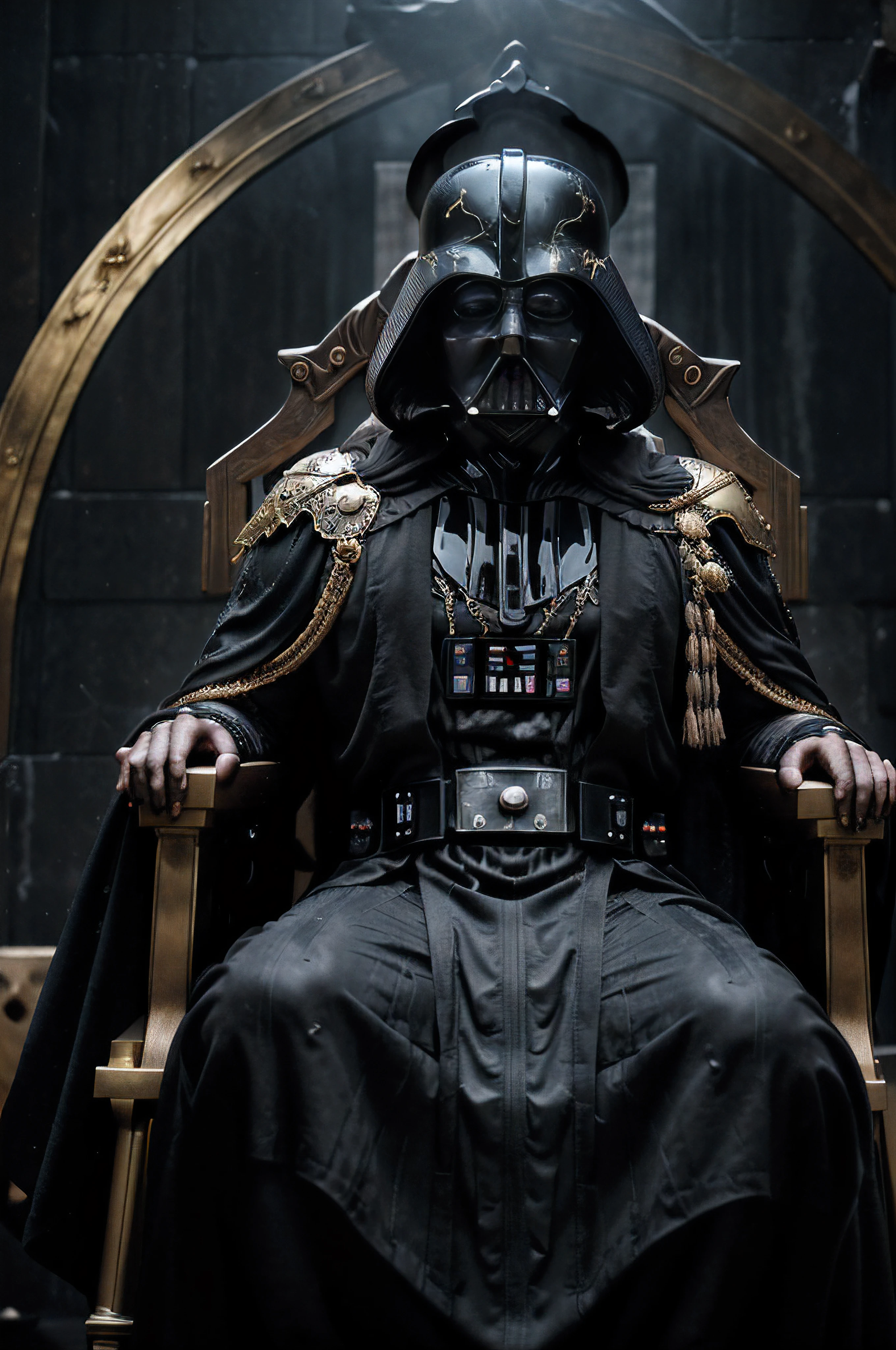 Darth Vader as a Greek god sitting on throne, oil painting, ultra-detailed, realistic, portraits, dark atmosphere, vibrant colors, dramatic lighting, gold ornaments, flowing black cape, ancient Greek architecture, epic scale, imposing presence, intricate helmet design, majestic facial expression, powerful aura, expressive eyes, muscular physique, ghostly shadows, divine powers, mystical atmosphere, heavenly background, intense gaze, stormy weather, thunder and lightning, aged and weathered throne, imperial symbol, swirling energy, surrounded by loyal subjects, mysterious fog, dominating posture, intense emotions, ominous ambiance, surreal elements, theatrical pose, god-like authority, forceful presence, iconic character.
