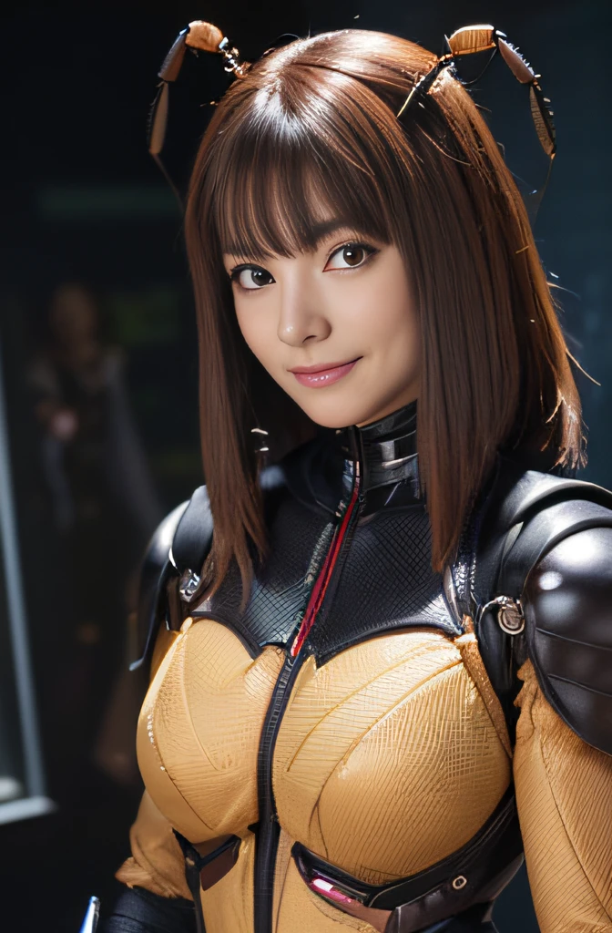 (high resolution,masterpiece,best quality,extremely detailed CG, anime, official art:1.4), realistic, photo, amazing fine details, all intricate, gloss and shiny,awesome many layers, 8k wall paper, 3d, sketch, kawaii, illustration,( solo:1.4), perfect female proportion,villainess, (fusion of dark brown cockroach and lady:1.4), (brown cockroach form lady:1.2), (brown cockroach lady:1.2), (fusion:1.2), (solo:1.4), (evil smile:1.2), muscular, abs, (cockroach brown exoskeleton bio insect suit:1.4), (cockroach brown exoskeleton bio insect armor:1.2), (brown transparency cockroach wing:1.4), (brown cockroach antennae:1.3),