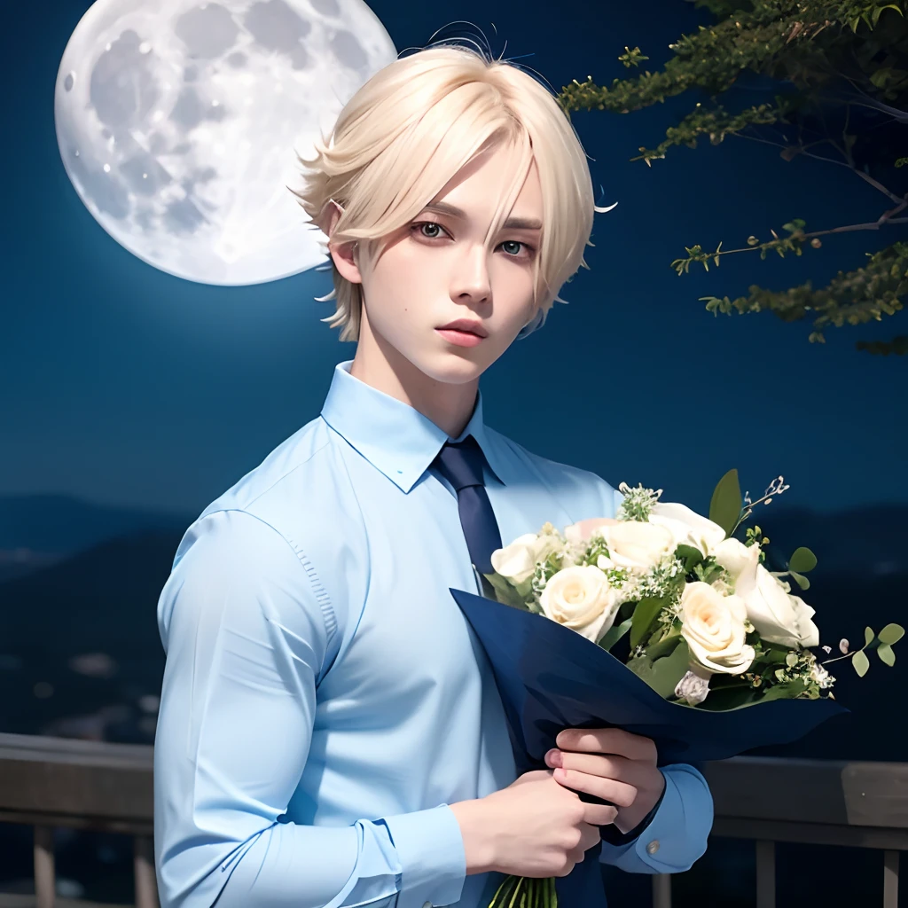 Anime boy in blue clothes holding a bouquet of roses, Full Moon Night，Beautiful boy with blond hair and blue eyes, guweiz,  artwork in the style of guweiz, Beautiful Anime Portrait, beautiful character painting, inspired by Ma Yuanyu, Portrait Anime Boy, Detailed portrait of an anime boy，Coniferous forest,