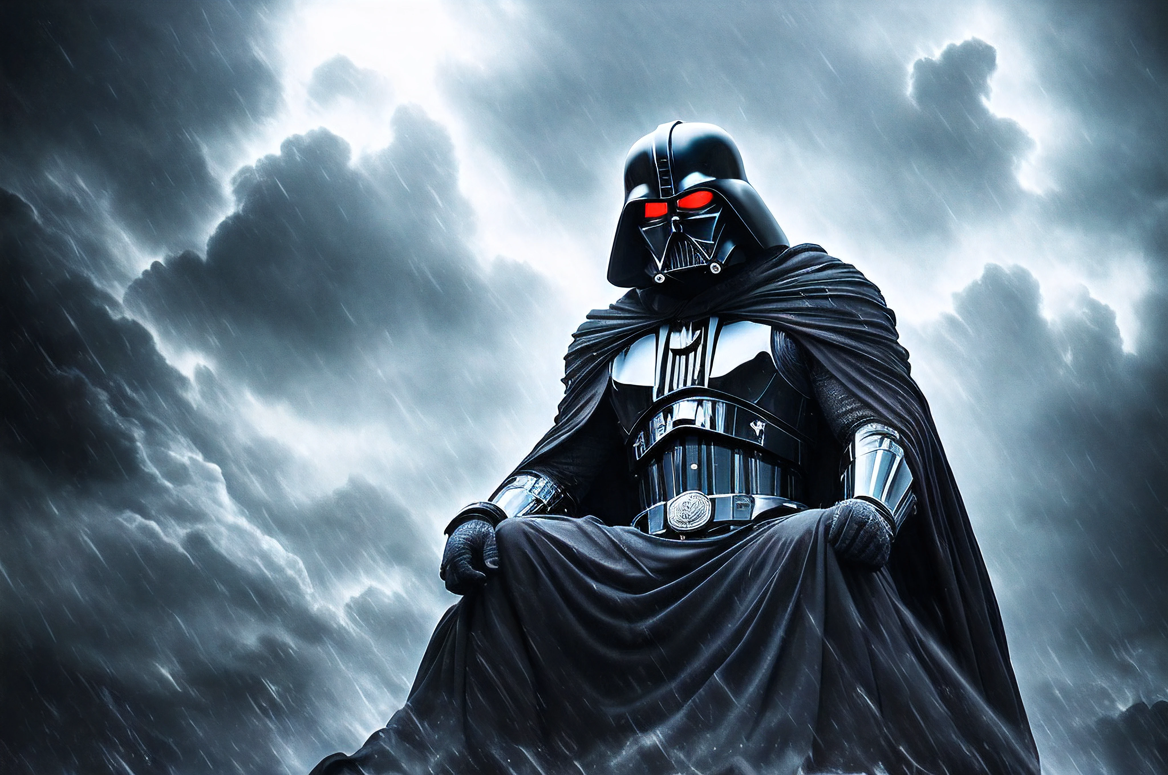 Darth Vader as a greek god sitting on a throne,beautiful detailed eyes,beautiful detailed lips,extremely detailed eyes and face,longeyelashes,(best quality,4k,8k,highres,masterpiece:1.2),ultra-detailed,(realistic,photorealistic,photo-realistic:1.37),dark and ominous throne covered in smoke,glowing lightsaber,helmet with intricate details,imposing and powerful figure,billowing black cloak,stormy atmosphere,ethereal and dramatic lighting,Greek mythology influence,imposing and grandiose architecture,stark contrast between light and shadow,vivid colors with a dark undertone,dramatic pose,surrounded by loyal and fearful followers,mythical and otherworldly presence,imposing and mysterious expression,echoes of ancient gods,awe-inspiring and imposing presence,hint of futuristic elements,subtle display of power,divine aura,ominous sound effects,strong and dominant figure,captivating and theatrical composition