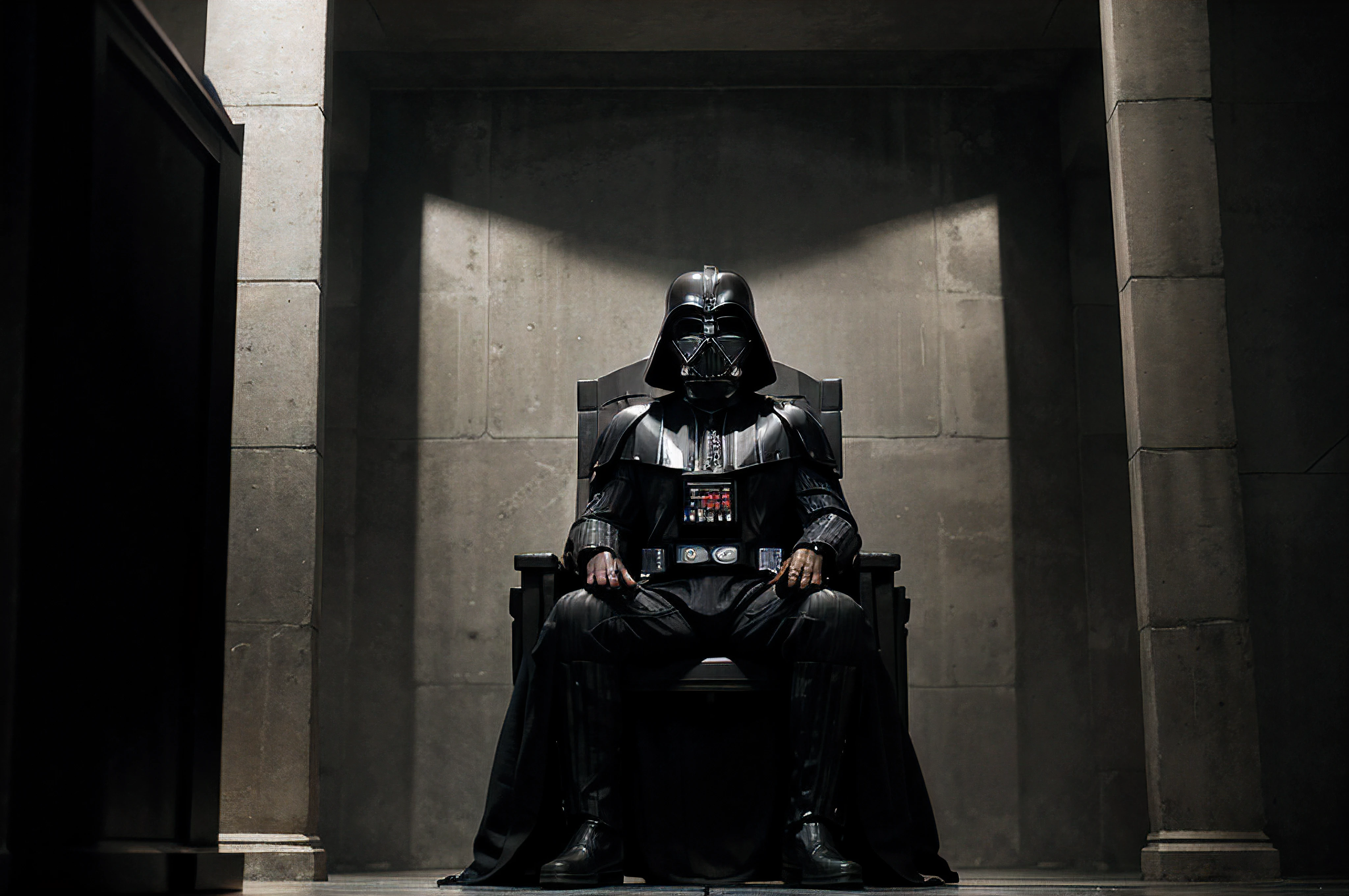 Darth Vader, sitting on throne, in style of greek mythology