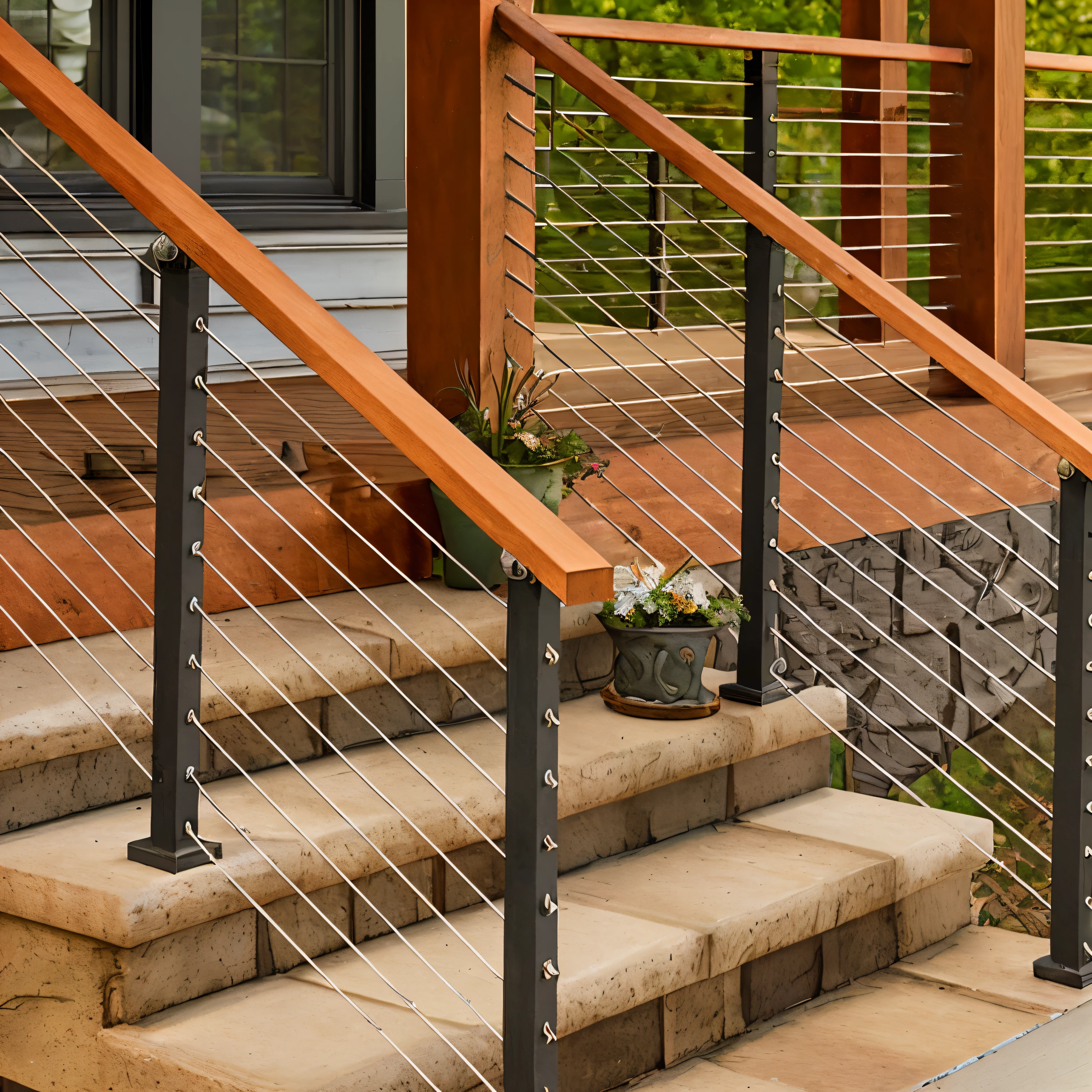 There is a cat sitting on the steps of the house, railing, outdoor staircase, perfect detail, Iron railings, Exterior staircase, bridges and railings, Has a front porch, Very detailed, detalhe poderoso, half image, Iron bark, Award details, stone steps, Award-winning, Award-Awarded, extremely detaile