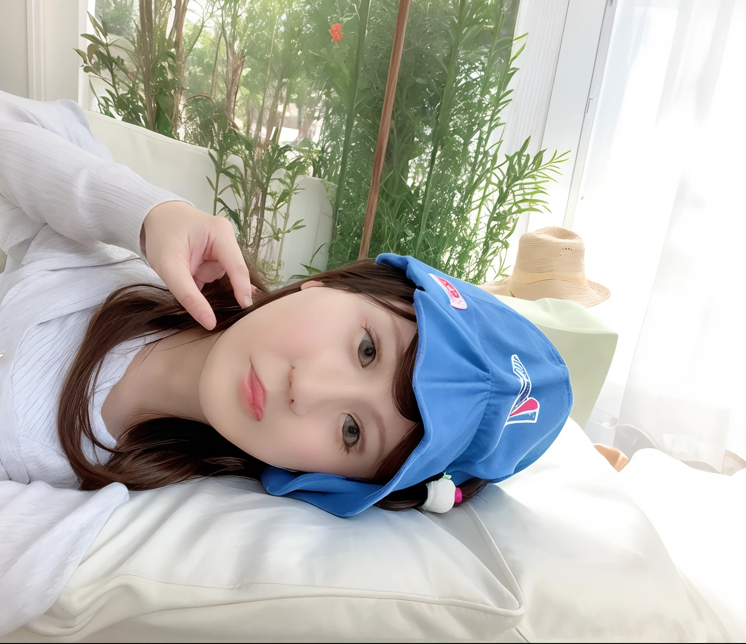 There is a woman wearing a hat and a blue shirt posing for a photo, Shot with Sony alpha 9, low quality photo, Shot with Canon 80D, with hat, low quality photo, very very low quality picture, Shot with Canon EOS 5D, Shot with Canon eos 5d mark IV, wearing travel hat, Set in the park