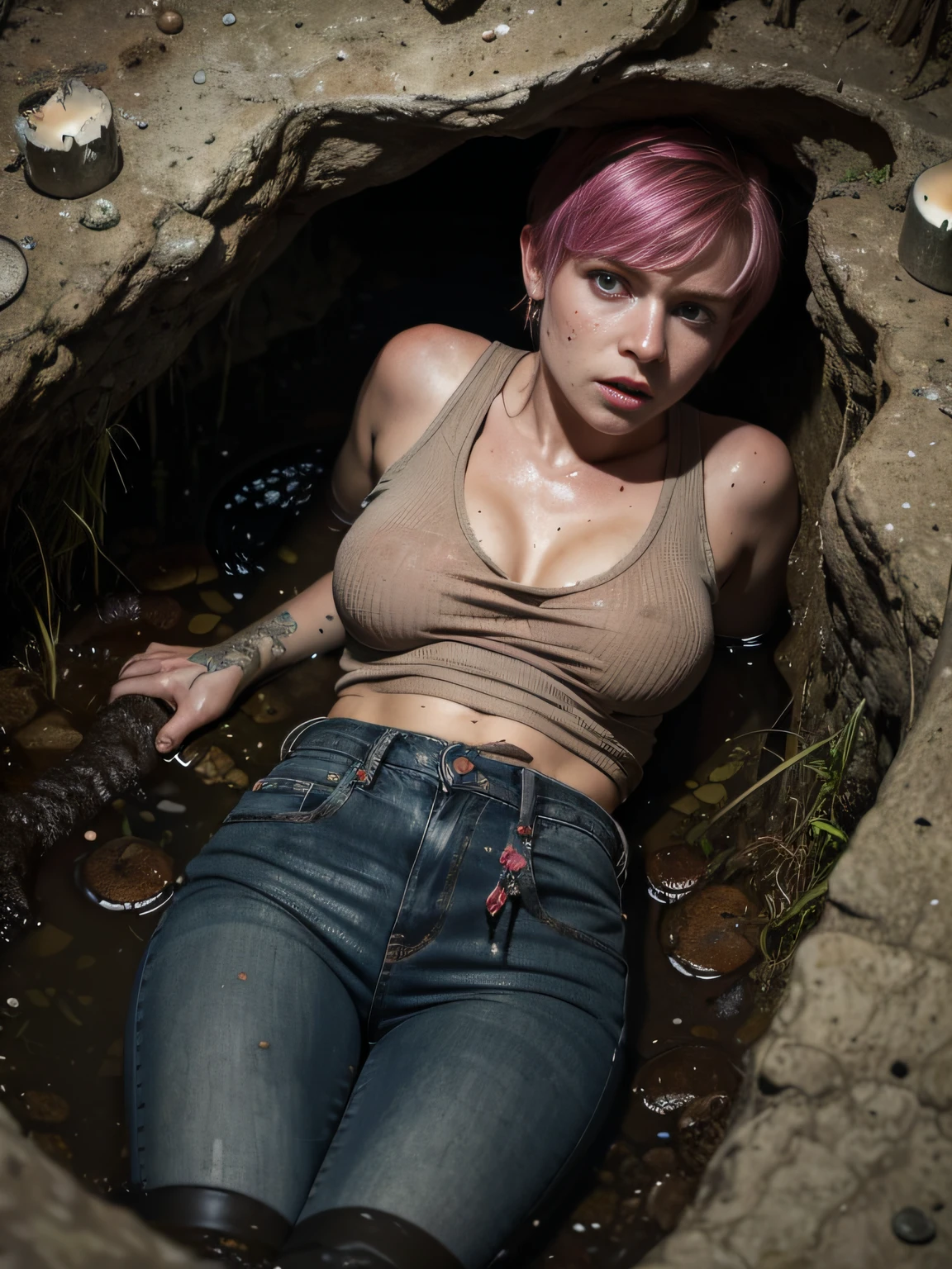 (Best Quality,hight resolution,Masterpiece, Overhead view:1.20),Ultra-detailed,The woman,Wide flares on jeans,sickly,drowning in a swamp, (in a cramped deep swampy hole:1.3),gloomy ecstasy,fetish,dark gloomy atmosphere,gritty texture,Retro-atmosphere,warped reality,melancholic expression on his face,mysterious aura,foggy atmosphere,foggy background,Subtle color palette,provocative pose,Strong emotions,Coming Out of the Depths of Despair,Piercing gaze,intense shadows,Plunged in Darkness,Rugged terrain,ominous vibe,A supernatural sensation,Loss of Place in Time and Space,Eerie silence.asymmetrical bangs, freckles, pink short hair, Bangs, freckles, gray eyes,