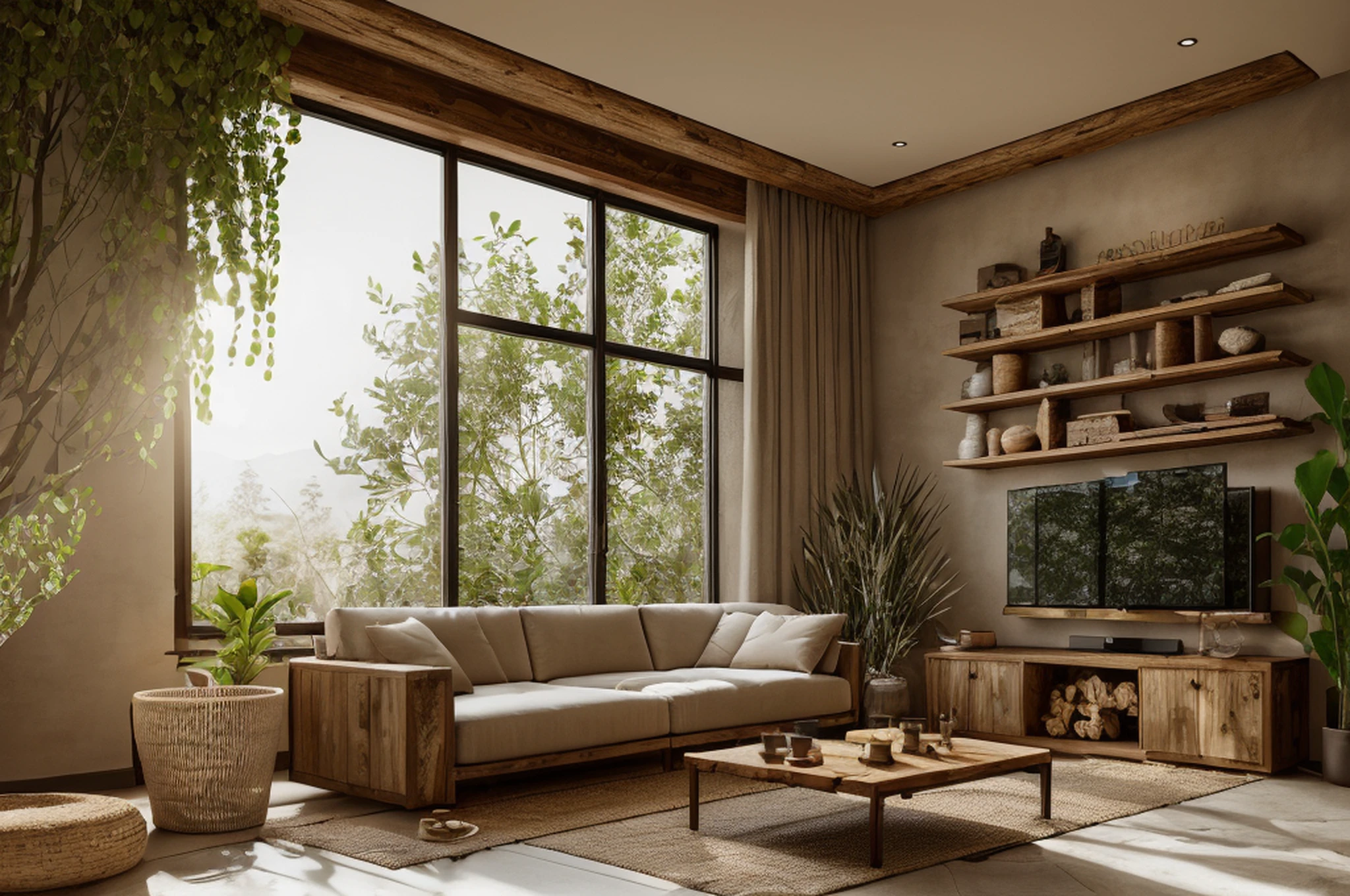 wabi sabi livingroom interior, large glass window, garden outside, dinning table and chair, couch, rough-hewn wood coffee table, day light, natural light, low contrast, potted plant, tv, tv cabinet, bookshelf, books, drape