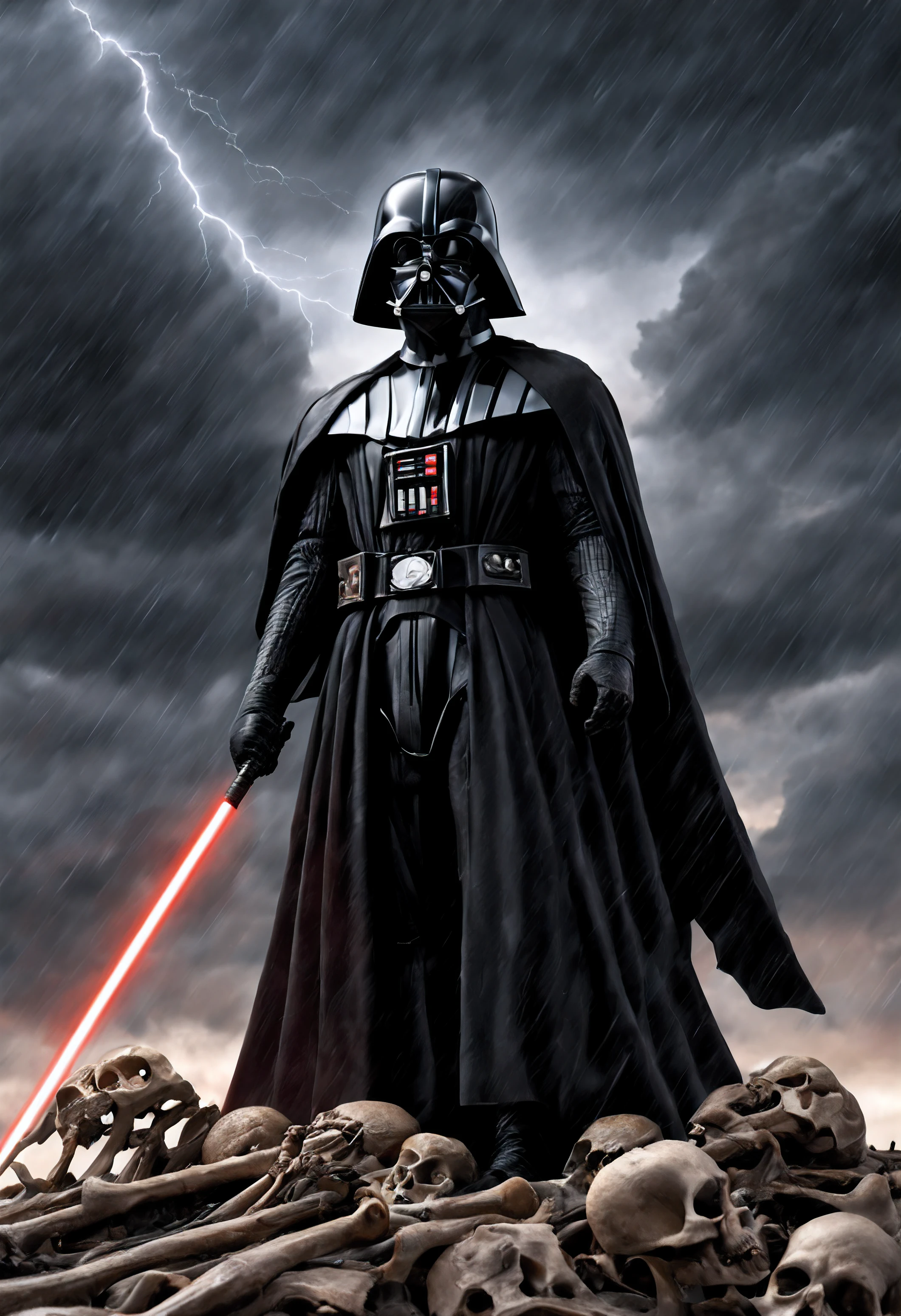 Darth Vader stands on a pile of bones. His robe flows in the wind. In the background is a storm, flashs and rain.
