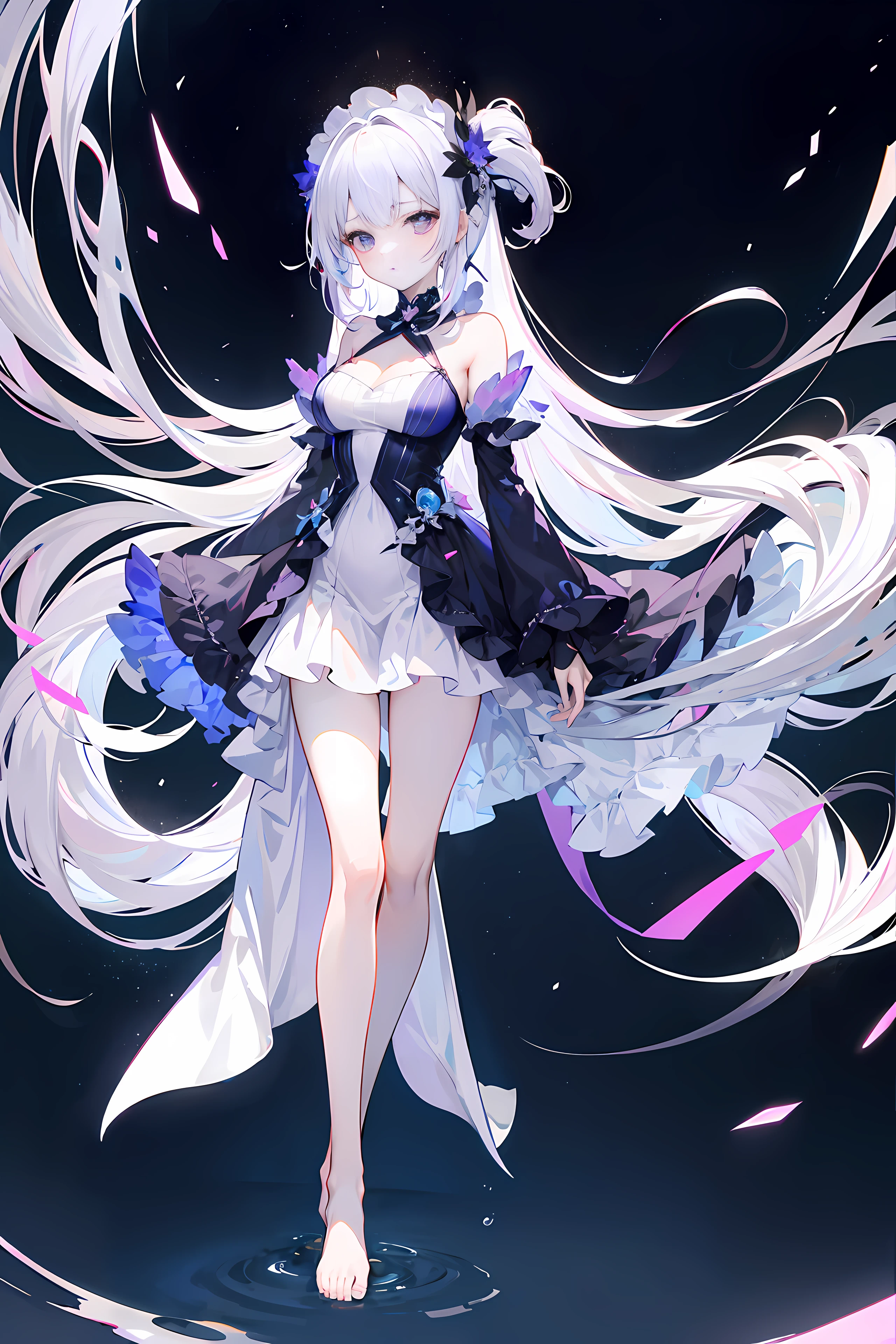 Lilac gradient hair,Asymmetrical hair,（（Very voluminous hair 1.8，Hair is well-defined1.6））， hair over shoulders, Messy hair, Very long hair, Shiny hair，(Long hair:1.2),a beauty girl，（Luxurious white gold mini lolita，Made of transparent material），（Transparent clothes transparent 1.8），perfect bodies，Tall and tall，slenderness，(Looks sad，face drawn and pale，grieves，closing the mouth：1.2） Set against the backdrop of an unusually brilliant dark starry sky，（with hands behind her back），（Round, Medium large, Firm breasts），Barefoot，afloat，waterface，（long leges，long leges，long leges，Perfect leg shape），Full body photo。