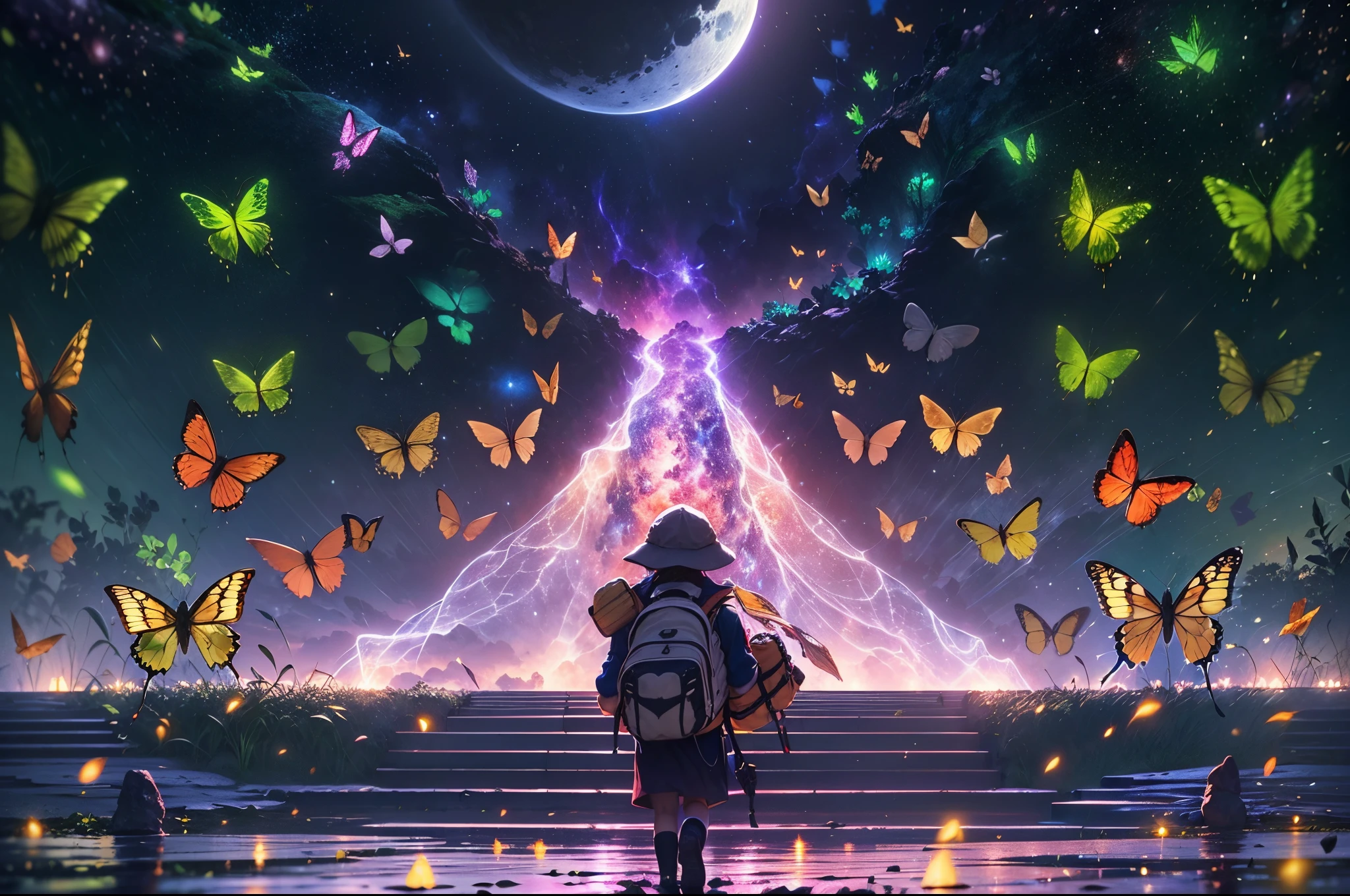 ((best qualtiy)), ((tmasterpiece)), (A detailed:1.4),(((Giant glowing butterfly))),Enhanced dynamic perspective,jungles,(((nighttime scene))),themoon,((Baby adventurer standing in front of supergiant butterfly,Butterflies spread their huge wings,shimmering under the moonlight,A starry stream flowed before him)),Sparkling creek,(Adventurer backpack),(weeds),florals,(((adventurer clothing))),Glow effects,super-fine,Works of masters,high qulity,8K分辨率,depth of fields,电影灯光,Epic shooting,high qulity,super-fine,Detailed pubic hair,Accurate,Cinematic lighting