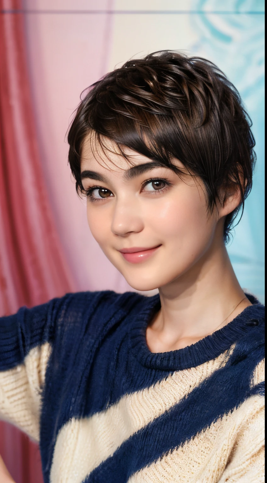 97
(a 20 yo woman,is standing), (A hyper-realistic), (high-level image quality), ((short-hair:1.46)), (Hair smooth), (Gentle smile), (Keep your mouth shut)