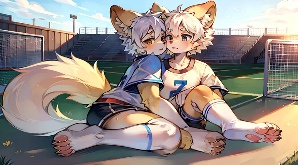 (Masterpiece) (High Detail) (High Res) 2 Characters having sex in a soccer stadium - One is A Large Shemale Elephant Anthro with Dark Gray Skin and a large gray elephant cock - the other is a small petite humanoid girl with pale human skin and long blue hair and blue dog ears and a fluffy dog tail. She is riding the large gray elephant cock with her legs spread. Size difference, large , outdoor sex, anthro_on_human.