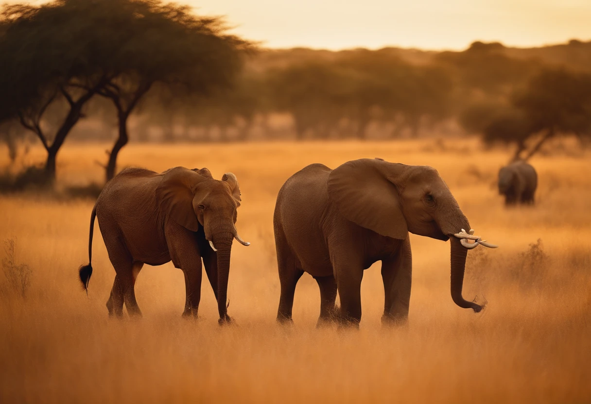 In a safari scene, create a vibrant environment with gel animals, such as majestic lions, graceful giraffes and imposing elephants, all in their natural habitat. | The image quality is impeccable, in 8K resolution, ensuring extraordinary details. | The style is a fusion of realism and vibrant cartoon, bringing animals to life. | The theme highlights the wild beauty of these animals in the midst of the African savannah, providing an authentic view of their natural behavior. | Composition includes foreground layers with bushes, midground with the animals highlighted, and a lush sky in the background. | Effects such as solar lighting, projected shadows and realistic textures enhance the visual experience.