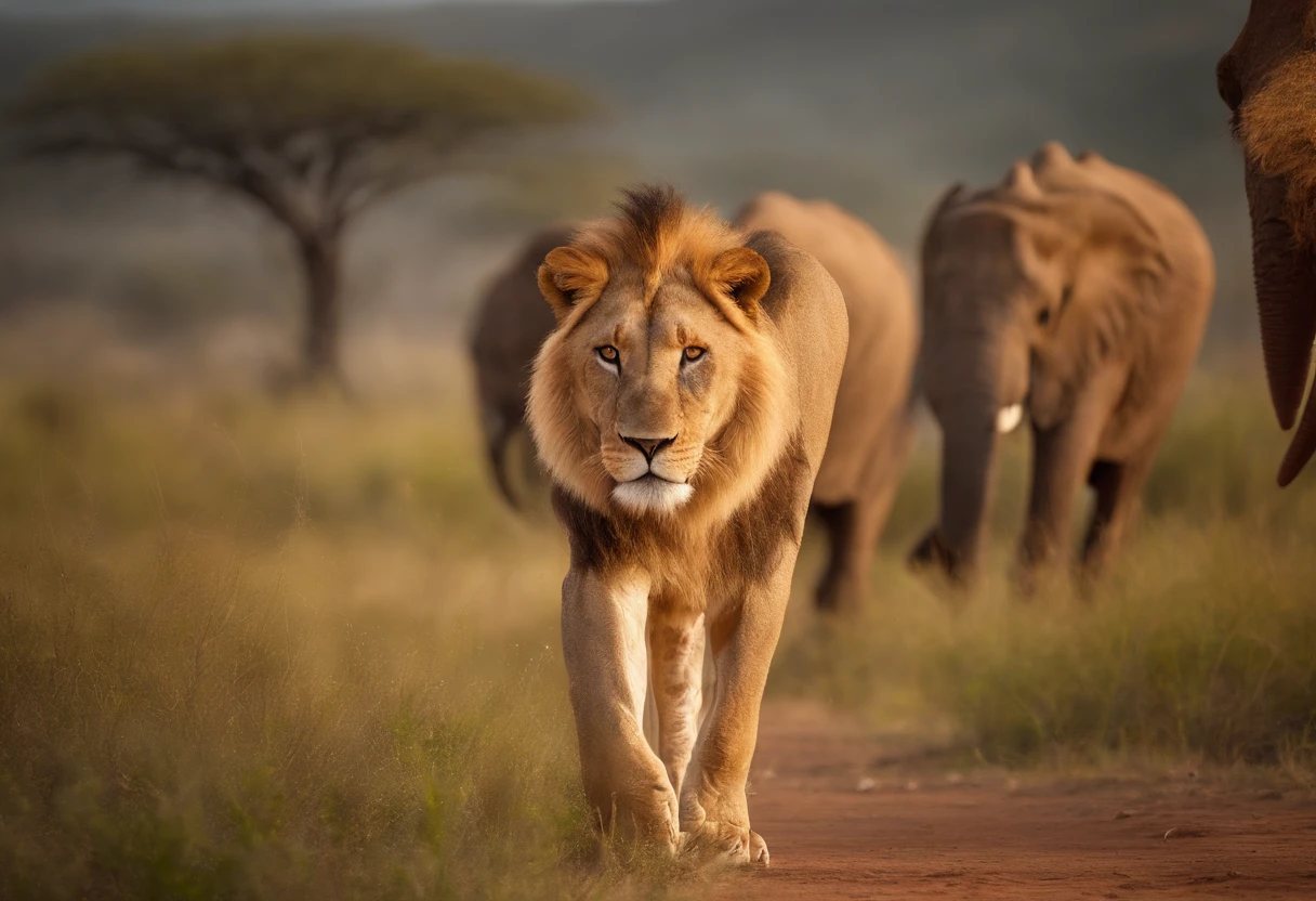 In a safari scene, create a vibrant environment with gel animals, such as majestic lions, graceful giraffes and imposing elephants, all in their natural habitat. | The image quality is impeccable, in 8K resolution, ensuring extraordinary details. | The style is a fusion of realism and vibrant cartoon, bringing animals to life. | The theme highlights the wild beauty of these animals in the midst of the African savannah, providing an authentic view of their natural behavior. | Composition includes foreground layers with bushes, midground with the animals highlighted, and a lush sky in the background. | Effects such as solar lighting, projected shadows and realistic textures enhance the visual experience.