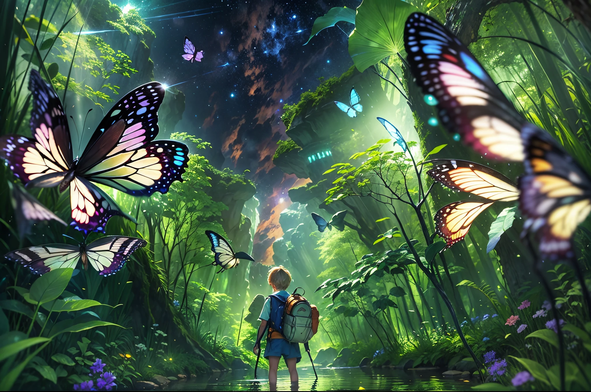 （（best qualtiy））， （（tmasterpiece））， （A detailed：1.4），Enhanced dynamic perspective，jungles，nighttime scene，starrysky，（darkly：1.4），（（Little adventurer standing in front of an oversized butterfly，Butterflies spread their huge wings，shimmering under the moonlight，A starry stream flowed before him）），Crocodiles float on the water，（Adventurer backpack），（weeds），florals，（（（adventurer clothing））），super-fine，Works of masters，high qulity，8K分辨率，depth of fields，电影灯光，Epic shooting，high qulity，super-fine，Detailed pubic hair，Accurate，Cinematic lighting，
