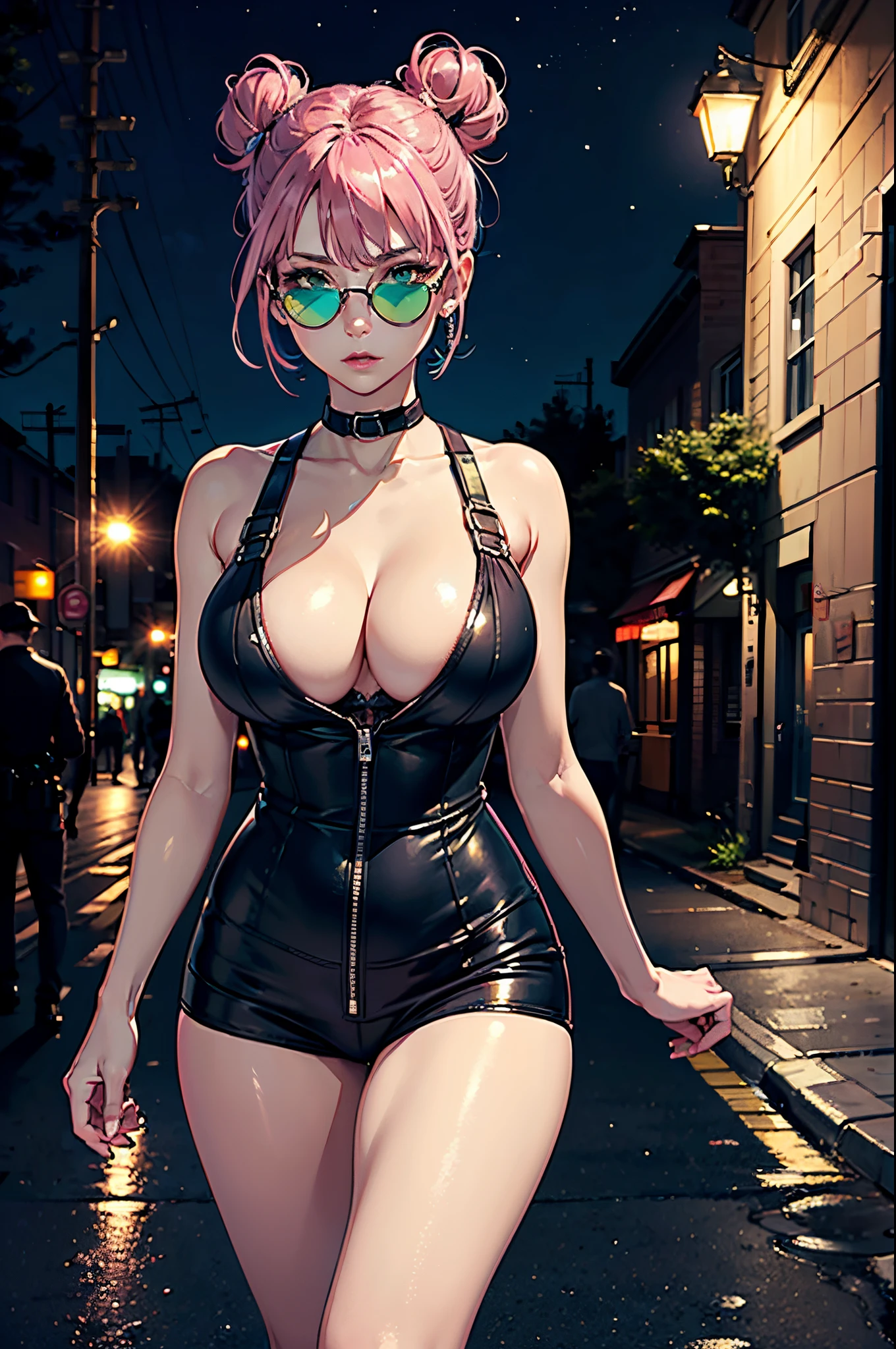 (best quality, masterpiece:1.2), pink hair, short hair, 2 buns hair, (medium breast:1.4), aviator glasses, green eyes, beautiful eyes, detailed eyes, detailed lips, detailed skin, deep v cleavage, blue police uniform, middle of the street, at night, full moon