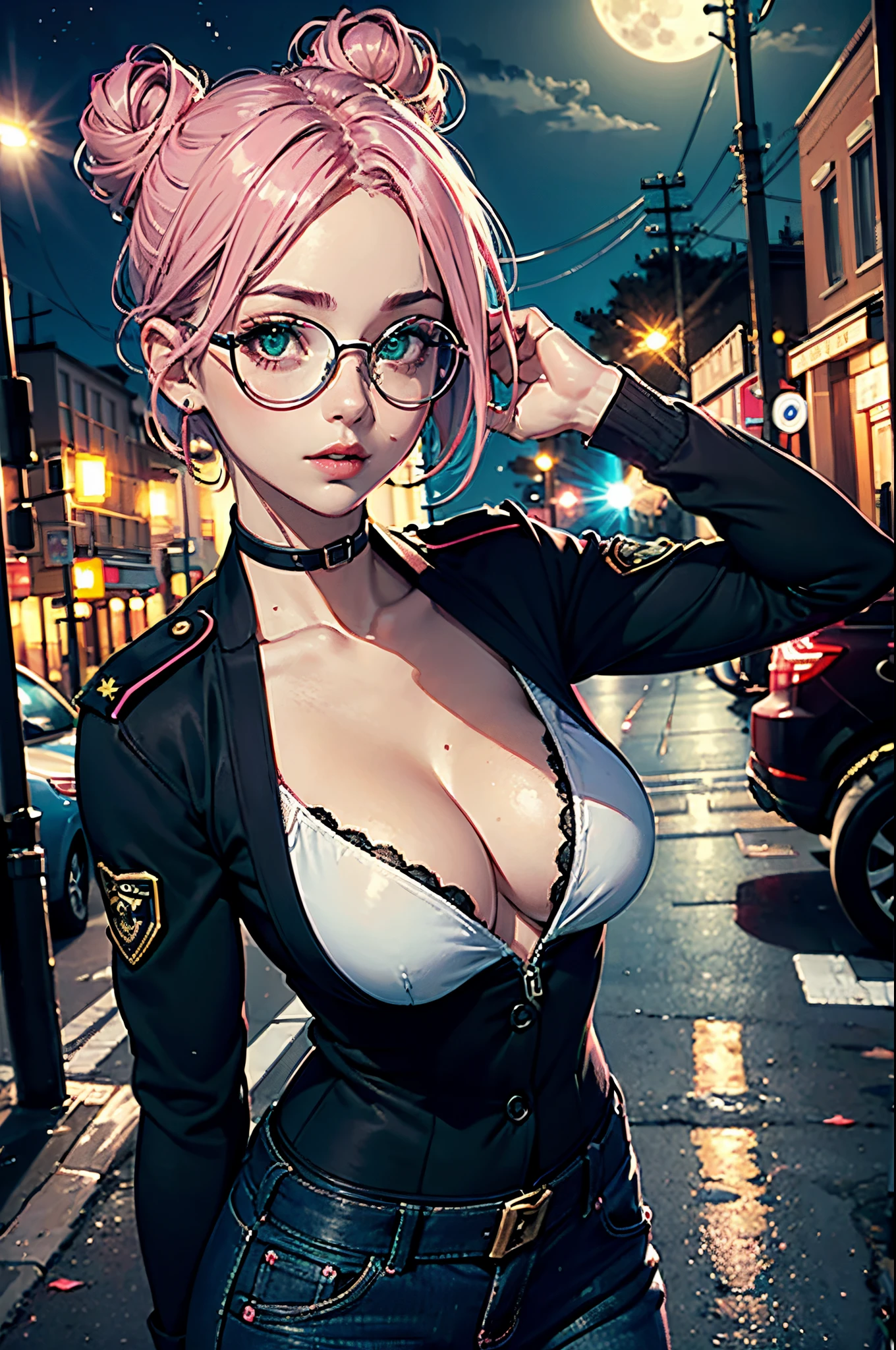 (best quality, masterpiece:1.2), pink hair, short hair, 2 buns hair, (medium breast:1.4), aviator glasses, green eyes, beautiful eyes, detailed eyes, detailed lips, detailed skin, deep v cleavage, blue police uniform, middle of the street, at night, full moon