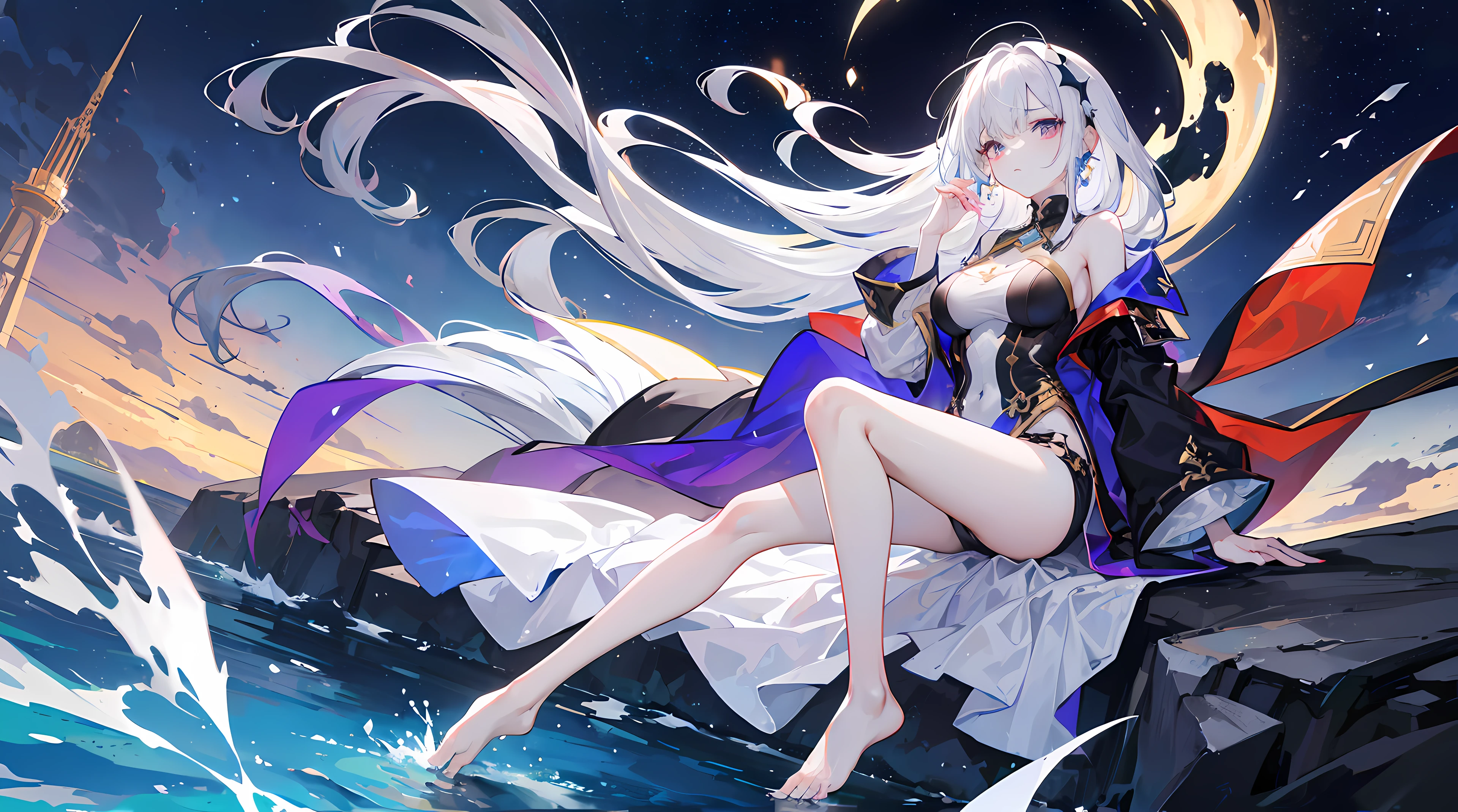 Lilac gradient hair,Asymmetrical hair,((Hair is very thick 1.8,Hair is well-defined1.6)), Hair over the shoulder, messy hair, Very long hair, shinny hair,(Long gray hair:1.2),A beautyful girl,(Luxurious white and gold miniskirt,Made of transparent material),(Transparent clothes transparent 1.8),perfect body figure,high and high,slenderness,(looking sad,Haggard complexion、pale ,grieves,close your mouth:1.2) Against the backdrop of an unusually bright dark starry sky,(side),(Round, medium large, firm breast),Barefoot,afloat,waterface,(long leges,long leges,long leges,Perfect leg shape),Full body photo。