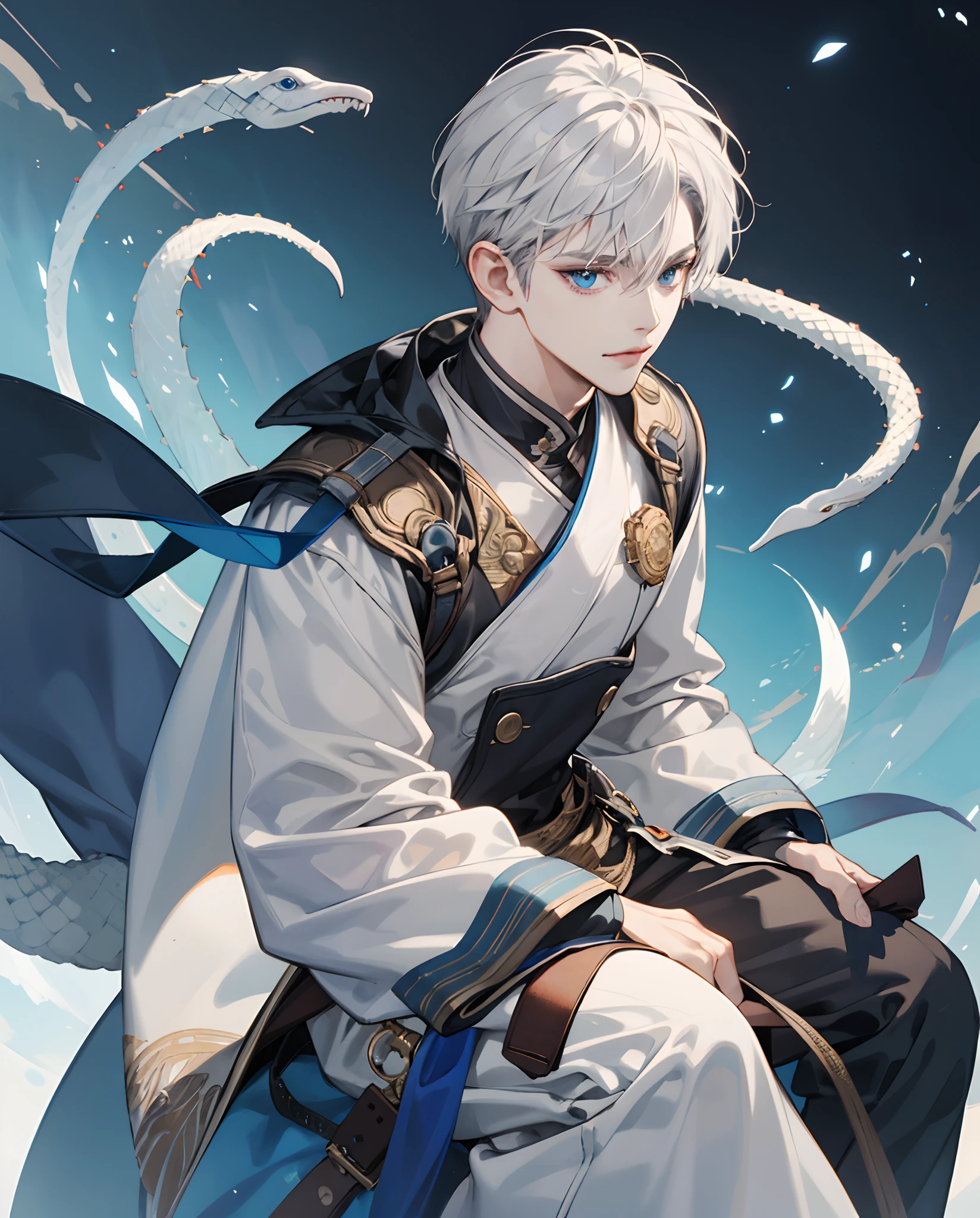 ​masterpiece、top-quality、超A high resolution、2D Bishonen、animesque、Teenage Boy、Appearance like a white snake、Silvery hair、short-haired、Beautiful blue eyes、The clothes are also depicted in detail、Eyes are depicted in detail、The face is depicted in detail、The background is detailed、sorcerer、soio、Gentle smile、hair adornments、animesque、illustratio
