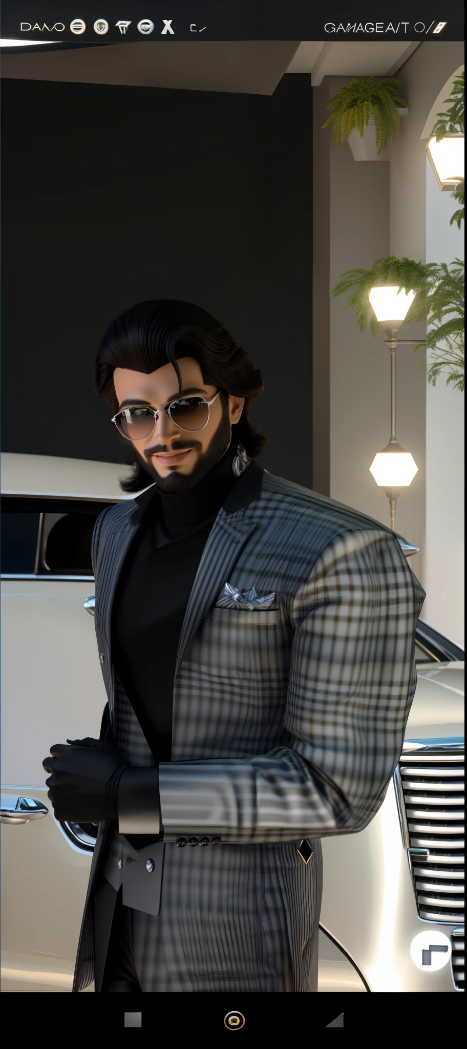 Homem elegante na garagem de um homem rico em frente a um Cadillac branco dos anos 60, Daz 3D rendering, Conceito de Arte 3D, dynamic lighting, belos pontos de brilho, Sombras bonitas, conceito Daz arte 3d.