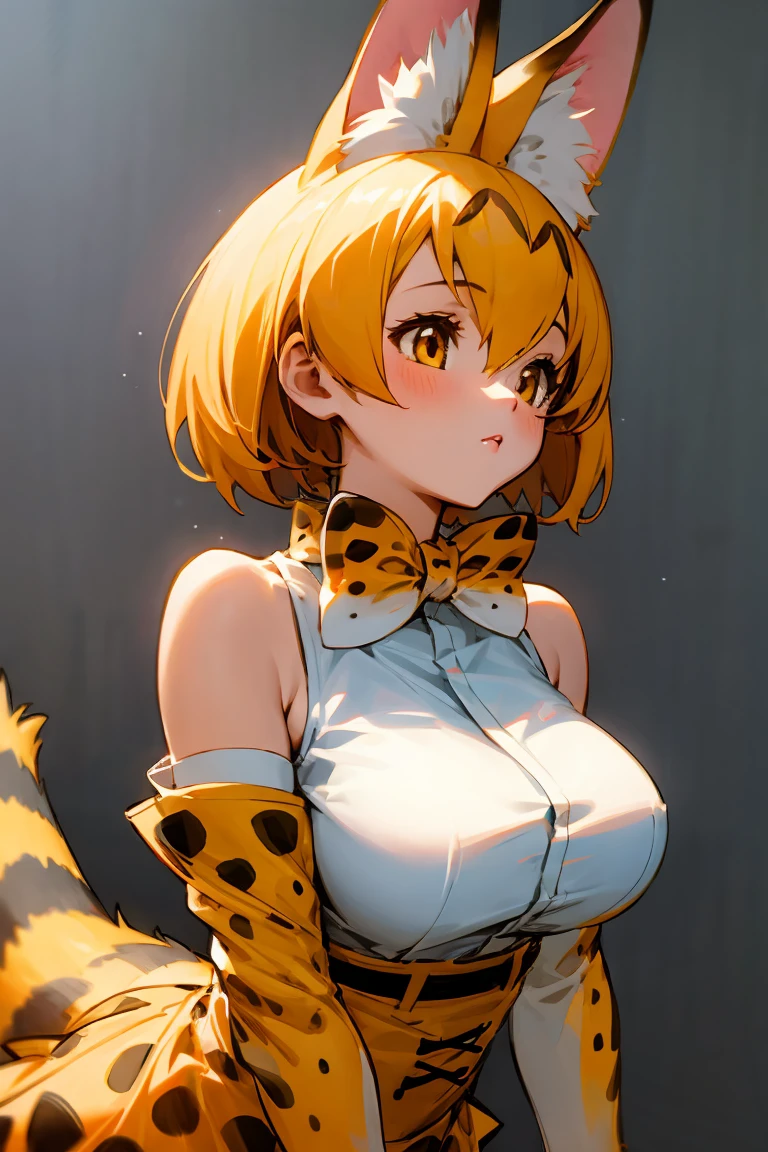 SERVAL, ANIMAL EARS, SHORT HAIR, SERVAL PRINT, TAIL, GLOVES, SHIRT, BOW, BOWTIE, ELBOW GLOVES, PRINT BOW, PRINT BOWTIE, SLEEVELESS, SKIRT, WHITE SHIRT, SLEEVELESS SHIRT, BARE SHOULDERS, large breasts, 1girl, solo, upper body