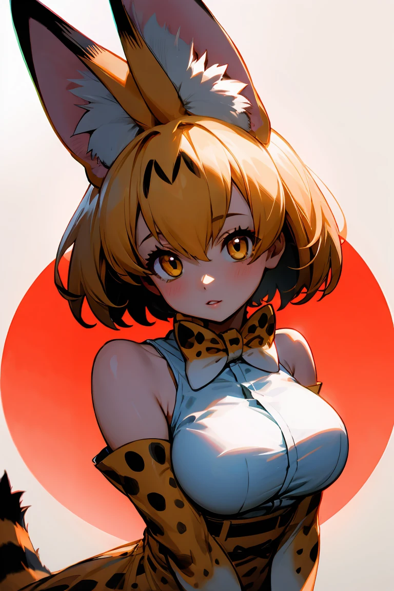 SERVAL, ANIMAL EARS, SHORT HAIR, SERVAL PRINT, TAIL, GLOVES, SHIRT, BOW, BOWTIE, ELBOW GLOVES, PRINT BOW, PRINT BOWTIE, SLEEVELESS, SKIRT, WHITE SHIRT, SLEEVELESS SHIRT, BARE SHOULDERS, large breasts, 1girl, solo, upper body