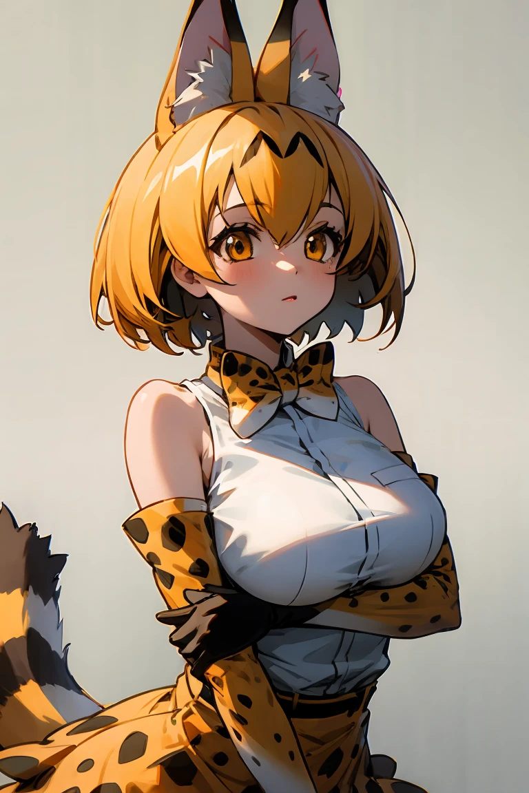 SERVAL, ANIMAL EARS, SHORT HAIR, SERVAL PRINT, TAIL, GLOVES, SHIRT, BOW, BOWTIE, ELBOW GLOVES, PRINT BOW, PRINT BOWTIE, SLEEVELESS, SKIRT, WHITE SHIRT, SLEEVELESS SHIRT, BARE SHOULDERS, large breasts, 1girl, solo, upper body