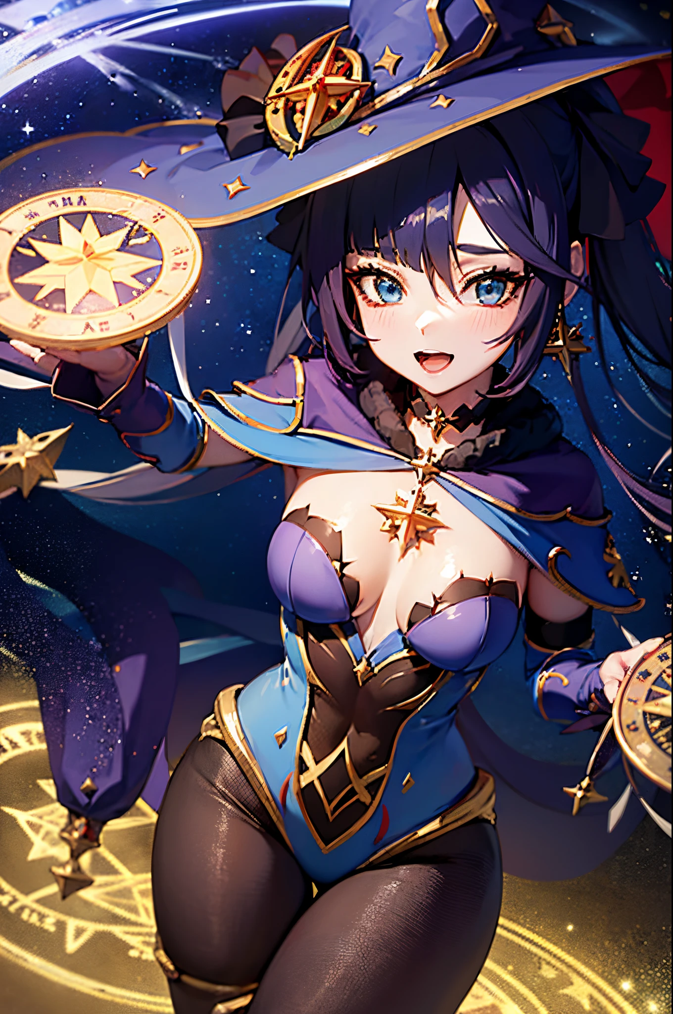 tiny girl,Beautiful breasts,Smile with open mouth,A dark-haired,Twin-tailed,Top image quality,Best Quality、big blue hat、Black tights、Luminous magic circle、Pale translucent magic circle、Pale blue flash、high-level image quality、Top image quality、8K、A detailed face、Trace a large magic circle with your finger、pale light、Luminous magic circle、under the starry sky