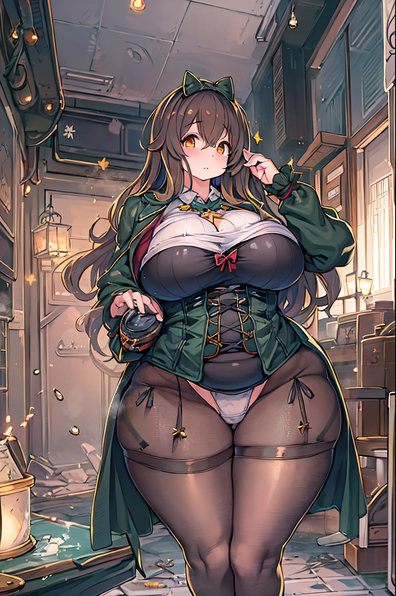 (Best Quality, masutepiece: 1.1), (fidelity: 1.4), 1 girl, Upper body, Long hair, 5 star hotel, Black corset, Messy clothes, Panties,huge-breasted、bbw