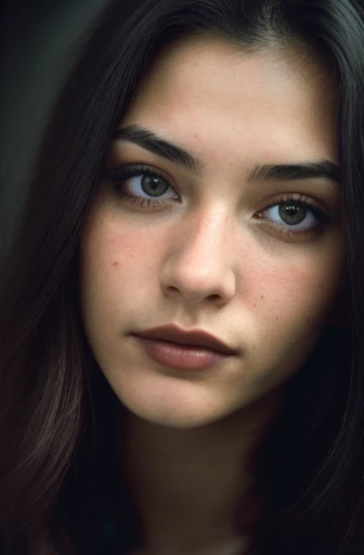 (close-up, editorial photograph of a 21 year old woman), (Highly detailed face:1.4) (Smile:0.7) (dark backgrounds, Moody, Private study:1.3) POV, by lee jeffries, Nikon D850, film stock photograph ,4 Kodak Portra 400 ,Camera F1.6 lens ,Rich colors ,Hyper realistic ,Lifelike texture, Dramatic Lighting , cinestill 800,