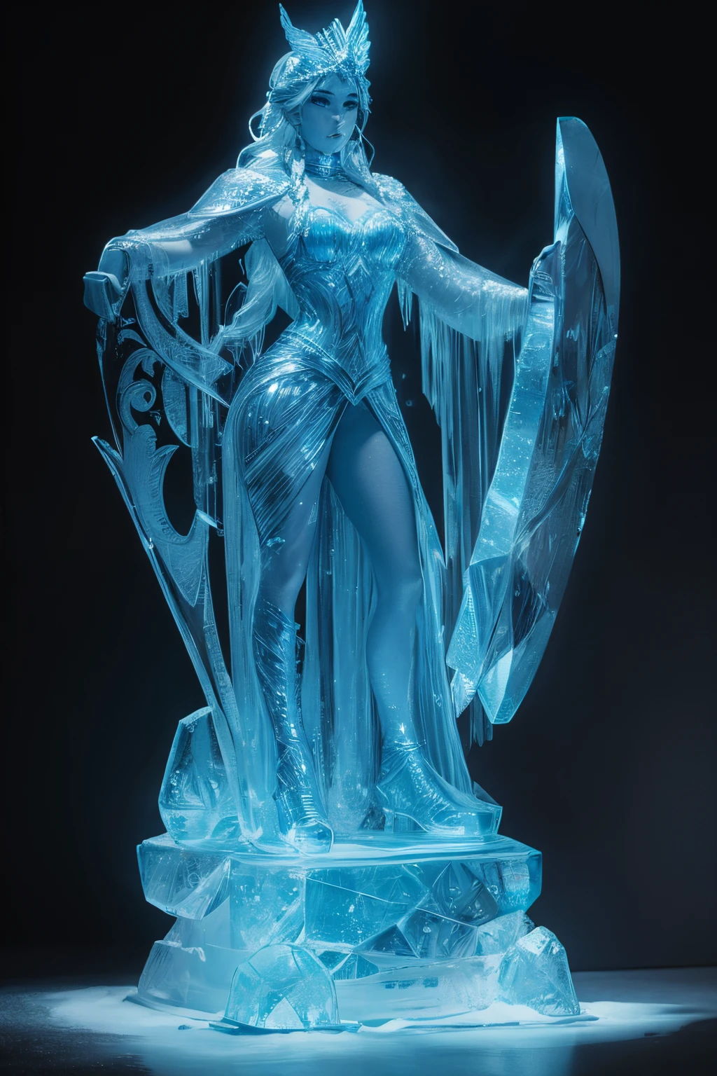 best quality, high definition, 4k, highly detailed, ice sculpture, frozen solid, clear light blue ice, giant Valkyrie ice statue, snowy background, excellent lighting, best shadows, intense image