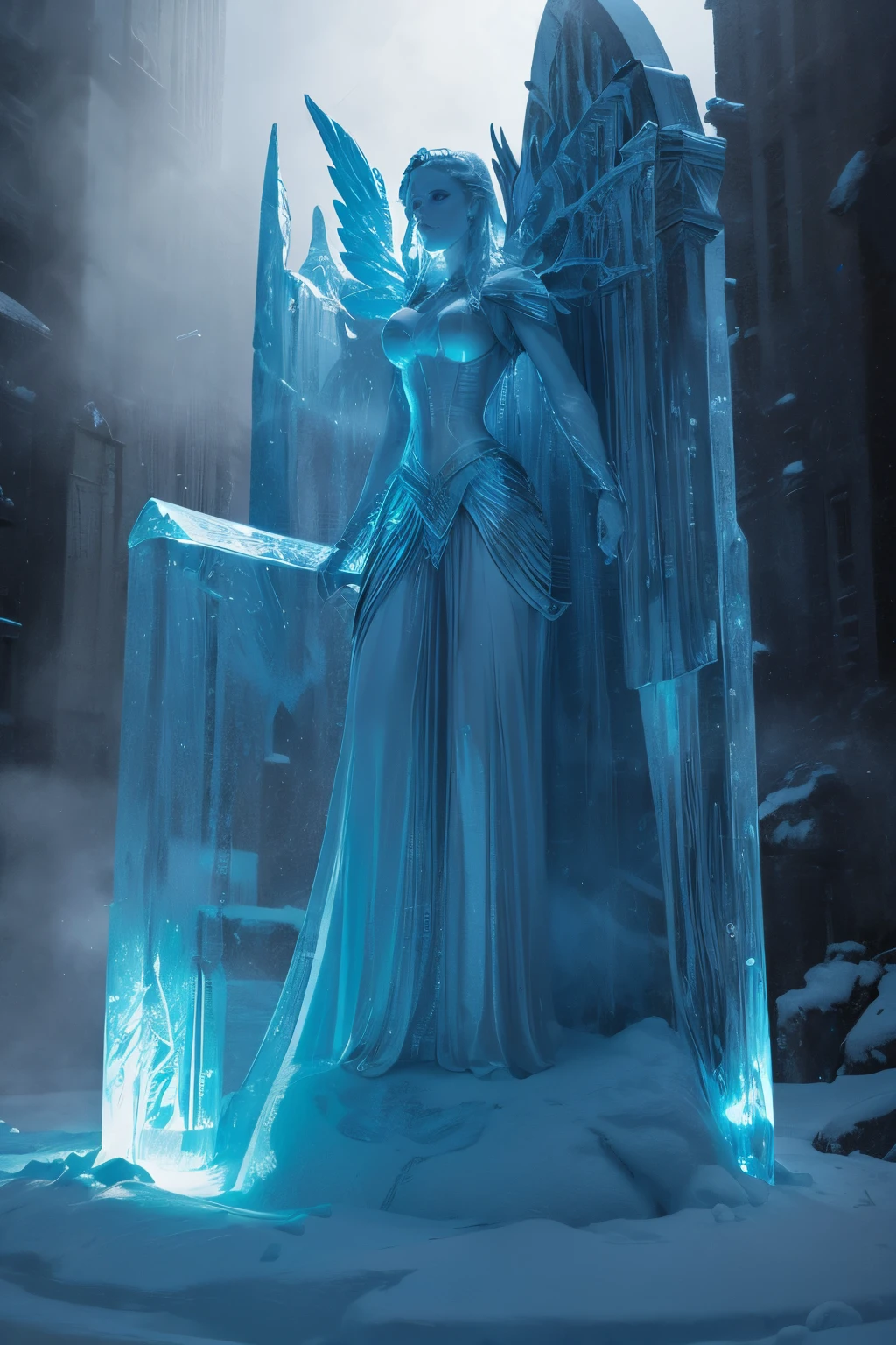 best quality, high definition, 4k, highly detailed, ice sculpture, frozen solid, clear light blue ice, giant Valkyrie ice statue, snowy background, excellent lighting, best shadows, intense image