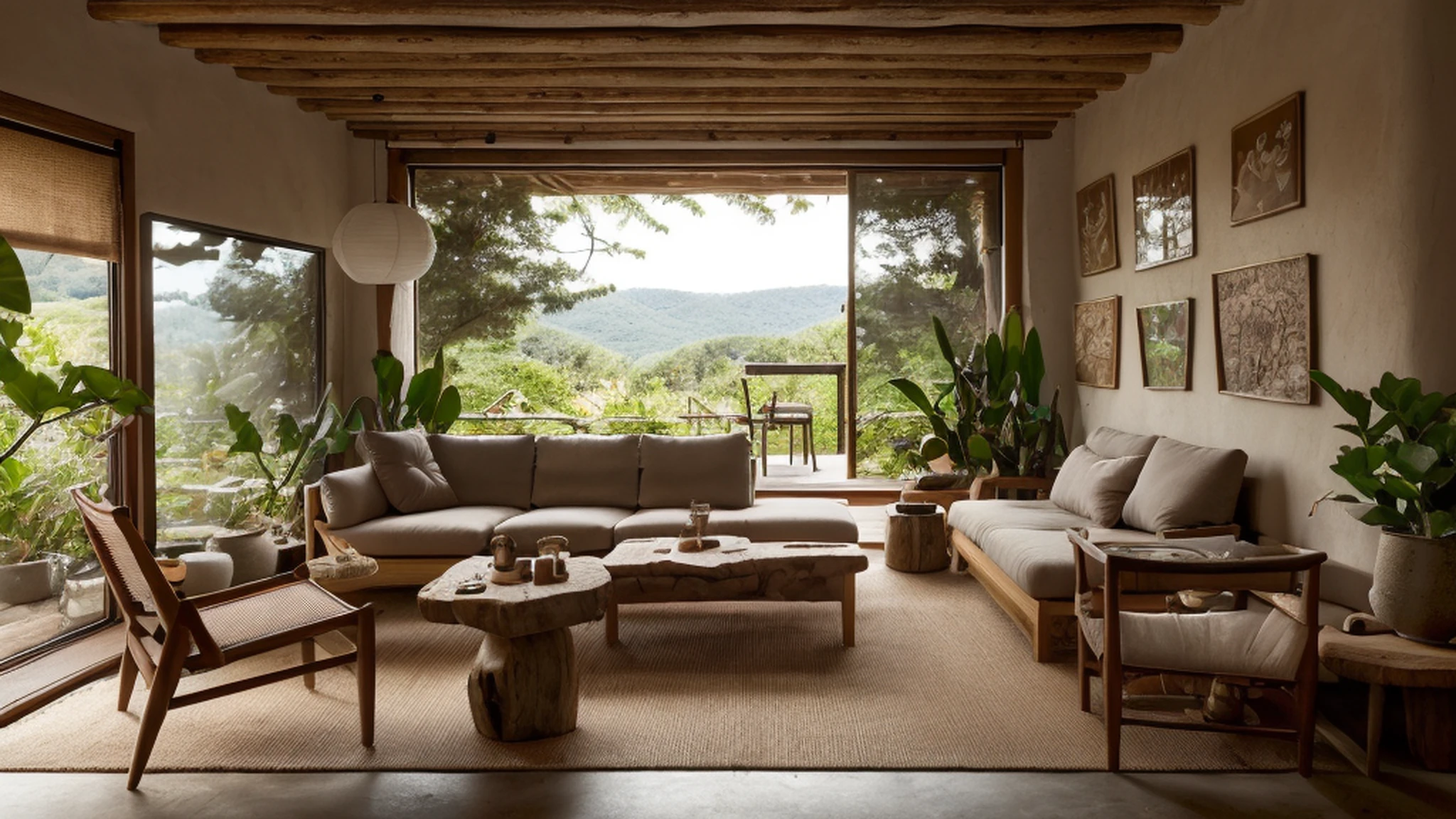 wabi sabi livingroom interior, large glass window, garden outside, dinning table and chair, couch, rough-hewn wood coffee table, day light, natural light, low contrast, potted plant, tv, tv cabinet, bookshelf, books, drape