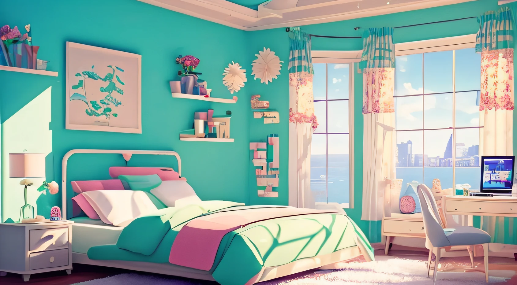 there is a bed with a stuffed animal on it in a big room, cute room, bright room, kawaii aesthetic, bed room, a sunny bedroom, desk with girly computer, girl's room, girly bedroom, cozy room, small room, pastel color theme, dreamy aesthetic, brightly lit room, designed for cozy aesthetics!, beautiful kawaii lighting, kawaii style, bedroom background, kawaii japanese style