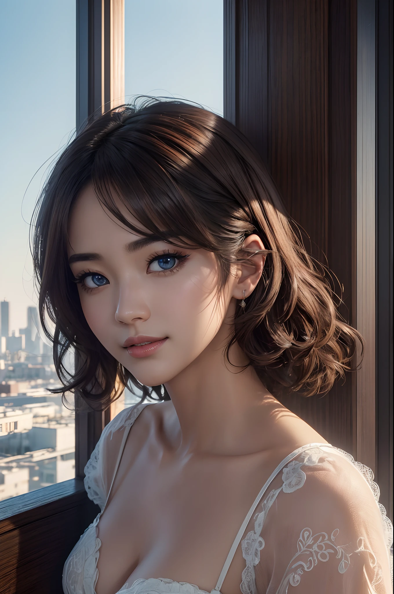 8K,(RAW、analogue、Nikon Z 14mm ultra-wide lens、award-winning glamour photograph、((Top image quality))、((masterpiece))、((realisitic))、Skin pores、Subsurface scattering、radiant light rays、hight resolution、detailed facial features、High Detail、foco nítido、top grade、aesthetic、ighly detailed、(extremely detailed eye、Highly detailed iris)、very detail hair、highlydetailed skin、Highly detailed clothing、octane renderings、Photorealistic、realisitic、Post-processing、max detail、realistic shadow、Roughness、natural skin textures、realisitic、hyper realisitic、Photorealism、Imagen、8K UHD、Imagen、HDR、Convoluted、elegent、High Detail、foco nítido、A stunning、Beautiful feces、a gorgeous)、(masterpiece:1.2、Best quality1:1、ultra-definition:1.2、Best Shadows、8k:1.1)、(big city:1.3、On the rooftop:1.1、The urban structure below、railing)、(Contrasting background、Bright background)、(beautifull detailed face)、highly contrast、(Perfect litthing:1.2、beautifuly color、Delicate color)、((movie)light))、colourfull、hyperdetailing、dramatic light、intricate detailes、(1 person、独奏、Brown hair、a smile、short-hair、hair wavy:1.1、Blue eyes、dynamic ungle、Rough costumes、JINS、cowboy shot、Lower your arms)、depth of fields