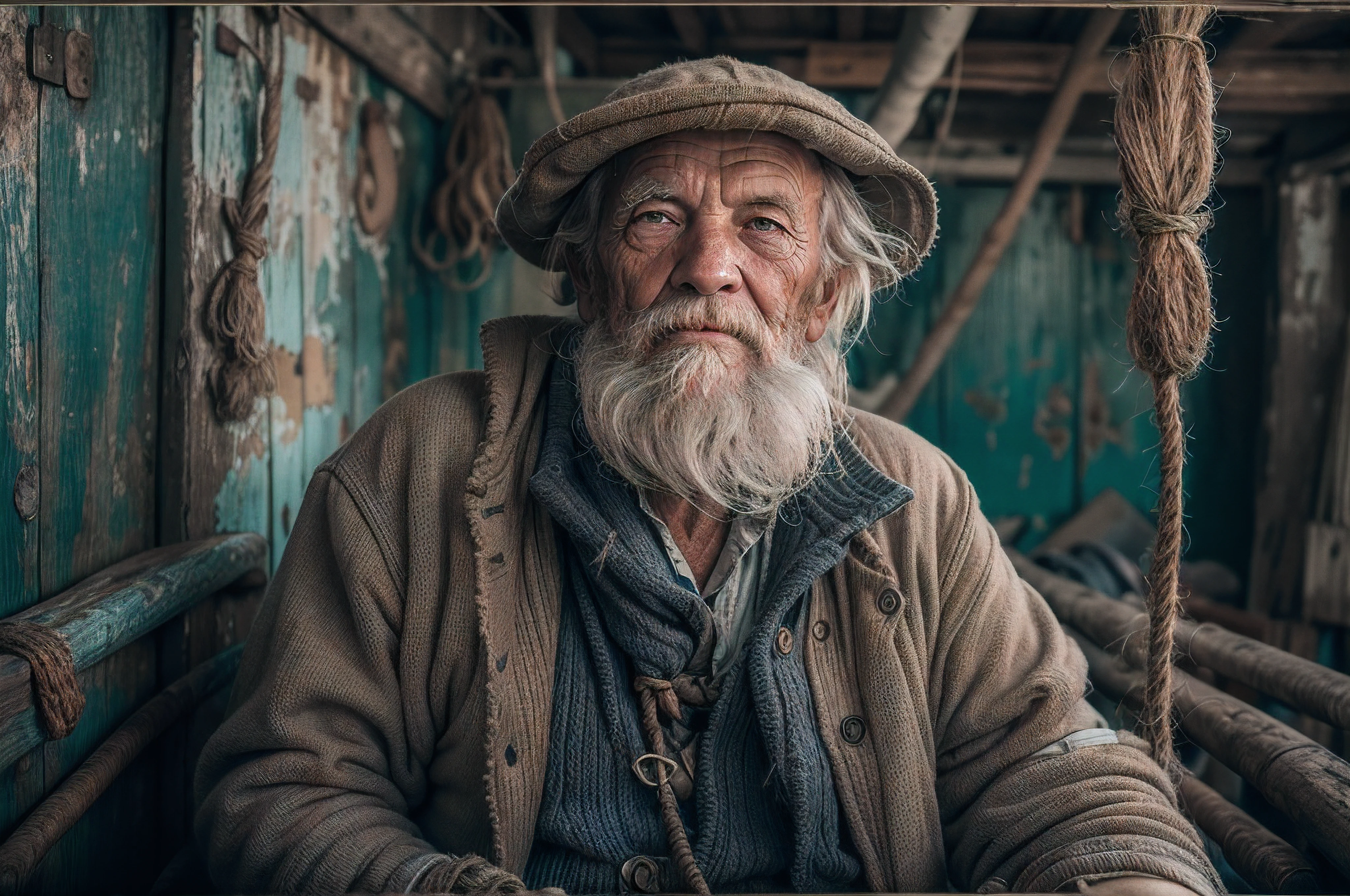 Portrait of an old fisherman at sea, using natural light to highlight weathered textures
