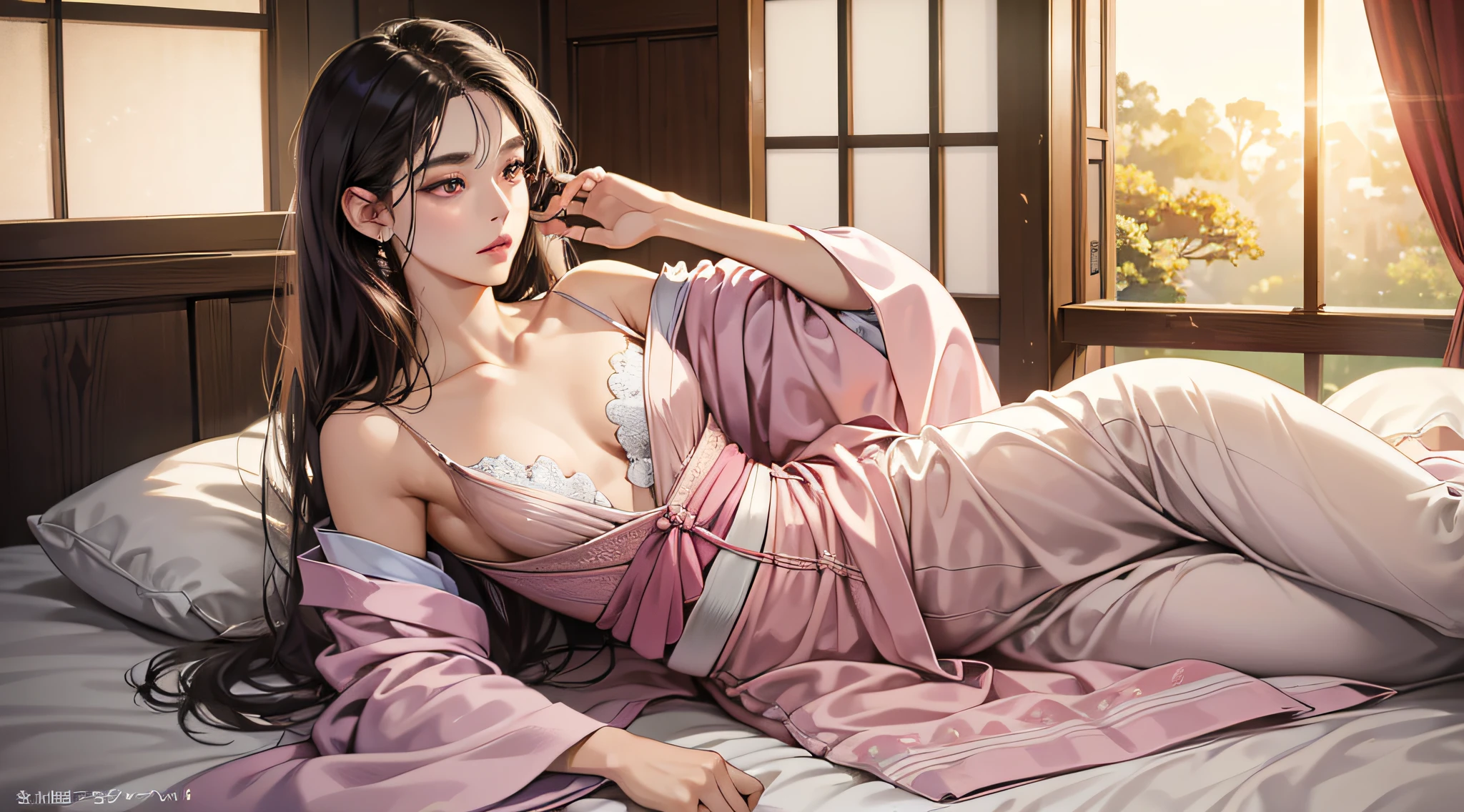(8k, RAW photo, best quality, masterpiece:1.2), (realistic, photo-realistic:1.37), ultra-detailed, (high detailed skin:1.2), 8k uhd, dslr, soft lighting, high quality, film grain, Fujifilm XT3, professional lighting, photon mapping, radiosity, Create a realistic highly detailed 8K portrait image of japanese actress 土屋太鳳 in a luxurious traditional japanese setting, photorealistic, sitting on a luxurious bed, sun shining through window, full body, angular eyes, hair messy, gentle and attractive, bare shoulders, delicate and sexy collarbone, full length photo, attractive oval face, double eyelids, pink lips, small nose, noble, ultra high definition, super detail, elegant posture, ultra fine translucent wet thread, sunset atmosphere