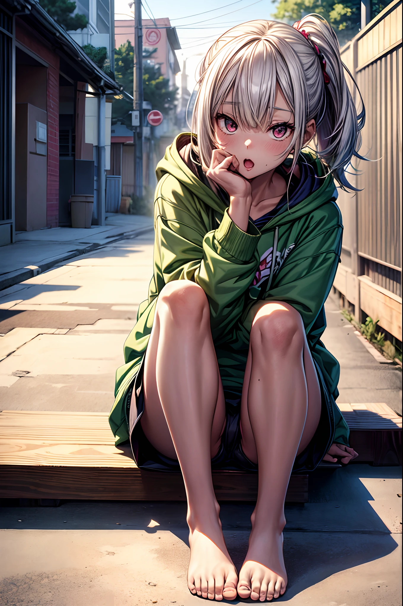 hiqcgbody, Realistic, 1girl in, Full body, Sitting, 12year old, Lori, elementary student, casual, Loose clothes, Hoodie, Barefoot, Colorful, masutepiece, Best Quality, 8K,Ahegao ( Silly / Sexual ecstasy)