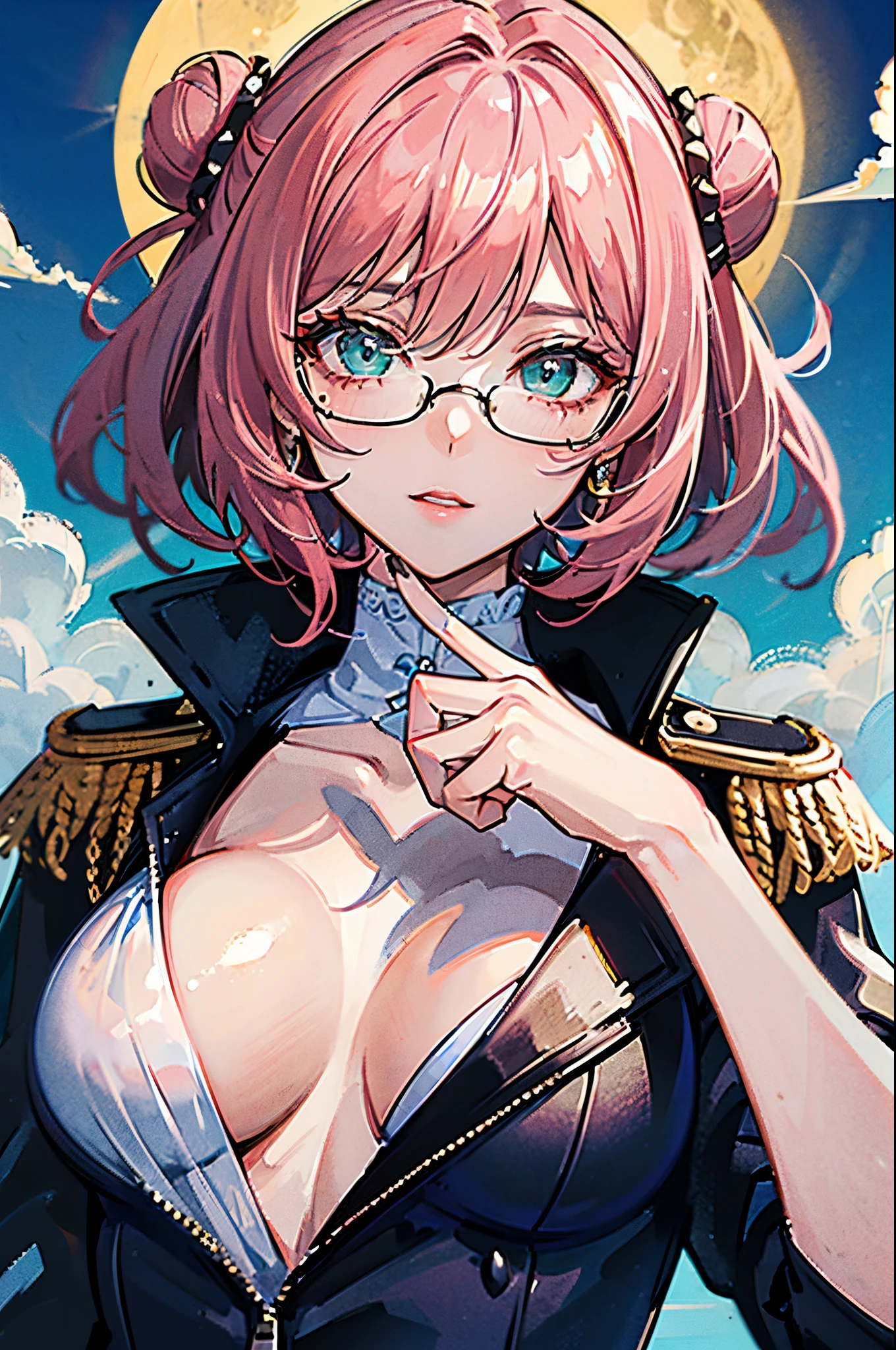 (best quality, masterpiece:1.2), pink hair, short hair, 2 buns hair, (medium breast:1.4), aviator glasses, green eyes, beautiful eyes, detailed eyes, detailed lips, detailed skin, deep v cleavage, blue police uniform, middle of the street, at night, full moon