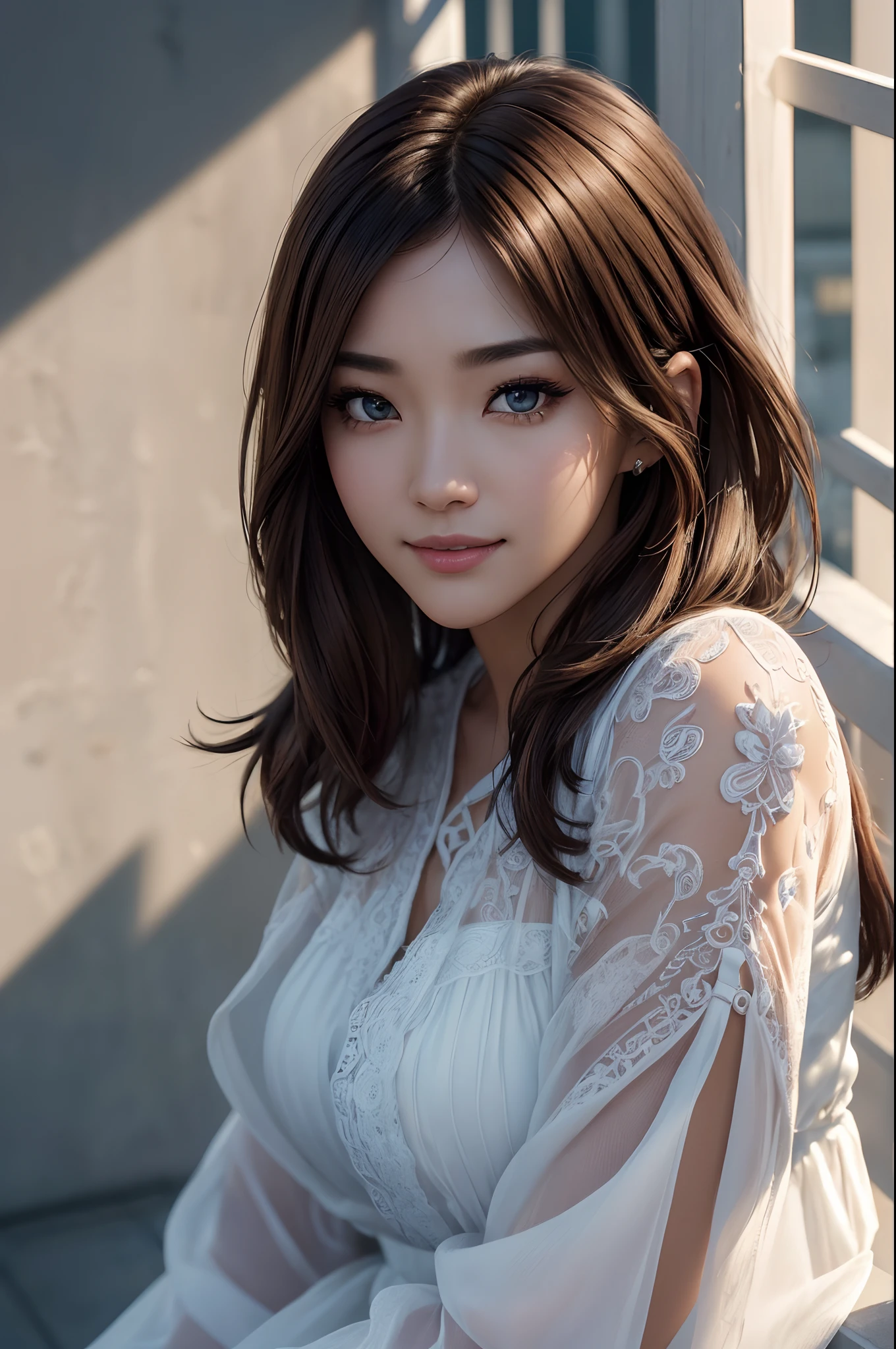 8K,(RAW、analogue、Nikon Z 14mm ultra-wide lens、award-winning glamour photograph、((Top image quality))、((​masterpiece))、((realisitic))、Skin pores、Subsurface scattering、radiant light rays、hight resolution、detailed facial features、High Detail、foco nítido、top grade、aesthetic、ighly detailed、(extremely detailed eye、Highly detailed iris)、very detail hair、highlydetailed skin、Highly detailed clothing、octane renderings、Photorealistic、realisitic、Post-processing、max detail、realistic shadow、Roughness、natural skin textures、realisitic、hyper realisitic、Photorealism、Imagen、8K UHD、Imagen、HDR、Convoluted、elegent、High Detail、foco nítido、A stunning、Beautiful feces、a gorgeous)、(​masterpiece:1.2、Best quality1:1、ultra-definition:1.2、Best Shadows、8k:1.1)、(big city:1.3、On the rooftop:1.1、The urban structure below、railing)、(Contrasting background、Bright background)、(beautifull detailed face)、highly contrast、(Perfect litthing:1.2、beautifuly color、Delicate color)、((movie)light))、colourfull、hyperdetailing、dramatic light、intricate detailes、(1 person、独奏、Brown hair、a smile、Short bob hair with brown hair:1.1、Blue eyes、dynamic ungle、Rough costumes、JINS、cowboy  shot、Lower your arms)、depth of fields