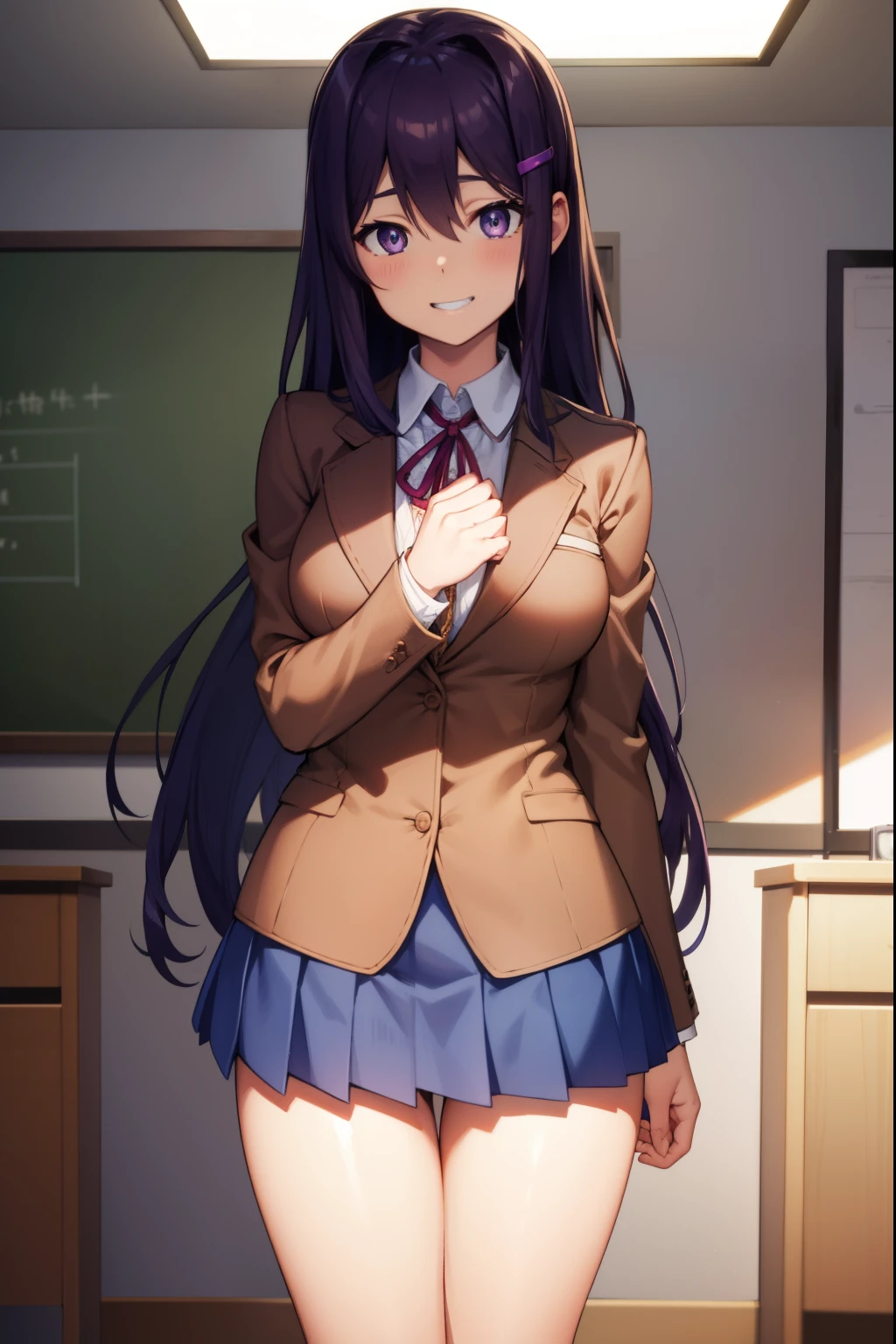 ddlcyuri, ddlcyuri, hair ornament, hairclip, long hair, (purple eyes:1.1), purple hair, grin, smile, hair over eyes,
BREAK blazer, blouse, blue skirt, jacket, (brown jacket:1.5), miniskirt, neck ribbon, ribbon, school uniform, shirt, skirt, white shirt, wing collar,
BREAK looking at viewer,
BREAK indoors, classroom,
BREAK (masterpiece:1.2), best quality, high resolution, unity 8k wallpaper, (illustration:0.8), (beautiful detailed eyes:1.6), extremely detailed face, perfect lighting, extremely detailed CG, (perfect hands, perfect anatomy),