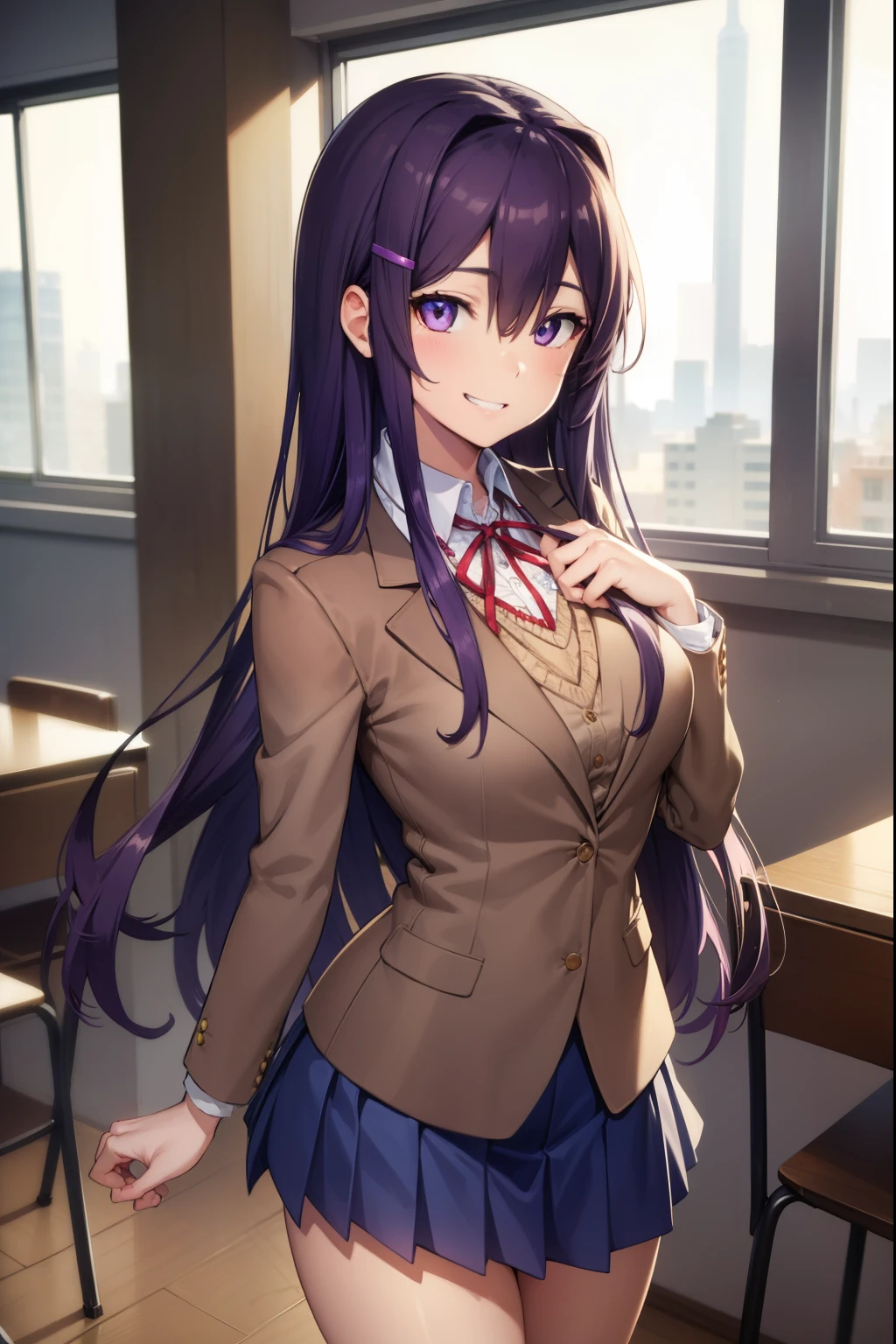 ddlcyuri, ddlcyuri, hair ornament, hairclip, long hair, (purple eyes:1.1), purple hair, grin, smile, hair over eyes,
BREAK blazer, blouse, blue skirt, jacket, (brown jacket:1.5), miniskirt, neck ribbon, ribbon, school uniform, shirt, skirt, white shirt, wing collar,
BREAK looking at viewer,
BREAK indoors, classroom,
BREAK (masterpiece:1.2), best quality, high resolution, unity 8k wallpaper, (illustration:0.8), (beautiful detailed eyes:1.6), extremely detailed face, perfect lighting, extremely detailed CG, (perfect hands, perfect anatomy),