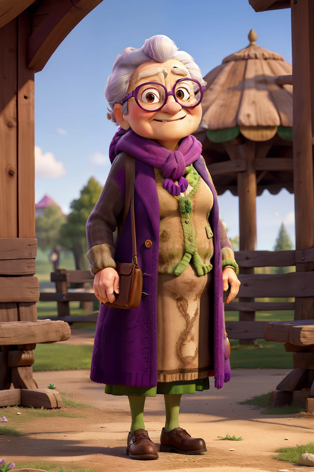 masterpiece, best quality, an old woman with glasses and a scarf on, wearing a purple coat and green scarf, standing at the park