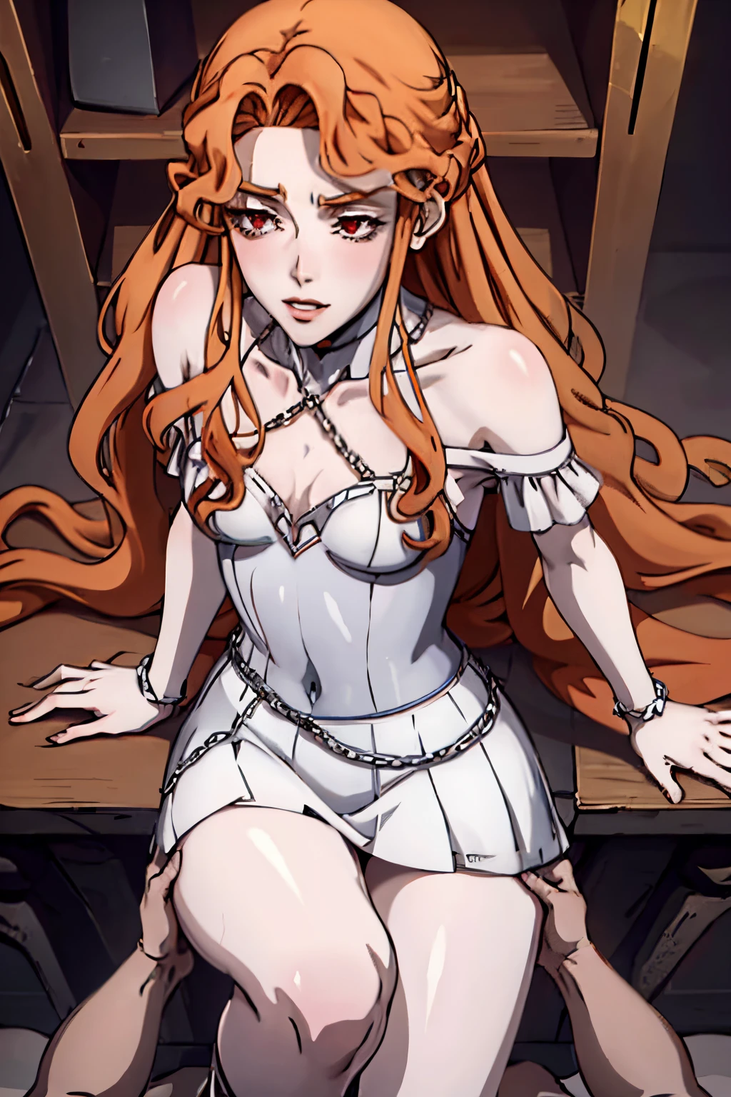 Lenore, 8k, hd, detailed, legs, full body, vampire, short skirt, femdom, chains in background, pale skin, sweaty, toned legs, full leg view, full body view, smooth legs, skinny, beautiful, smooth legs