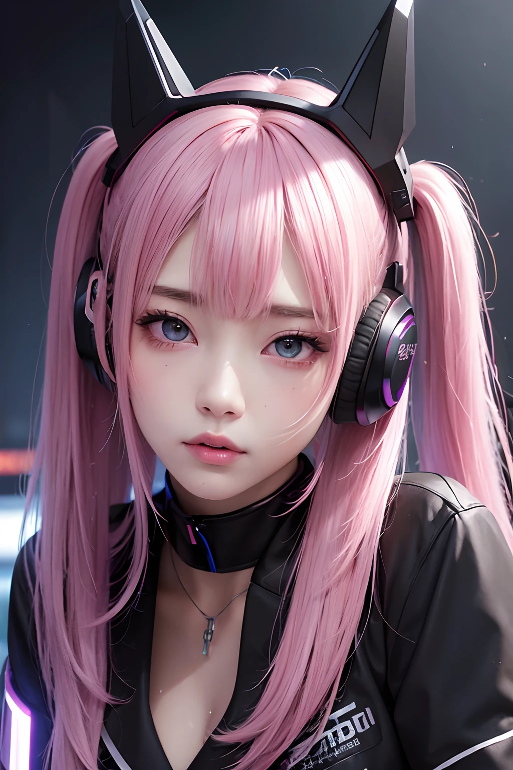 masterpiece, 1 beautiful girl 17yo, Detailed eyes, Swollen eyes, top-quality, A high resolution, japanes, a asian beauty, very extremely beautiful, Beautiful skins, A slender, Forward-facing body, gazing at viewer、(animesque), (hight resolution), , (ighly detailed), ( Best Illustration), (beautifully detailed eyes), (ultra-detailliert), Bright lighting, Professional Lighting、The background is a cyberpunk room with many monitors............、Hair color is pink twin tails、、headset on head、Moles under the eyes、Plump and glossy lips、Heart-shaped choker、Female Game Commentator、animesque, Full Body Shot