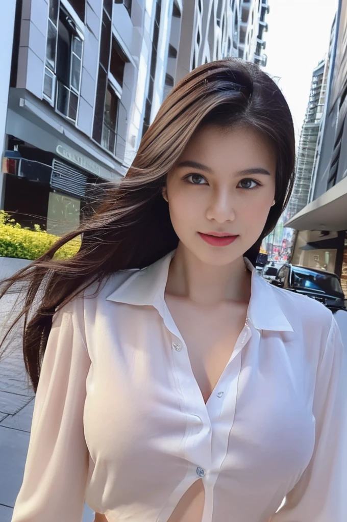 ((Best quality, 8k, Masterpiece :1.3)), Sharp focus :1.2, A pretty woman with perfect figure :1.4, Slender abs :1.2, ((Dark brown hair, Big breasts :1.2)), (White button up long shirt :1.1), City street:1.2, Highly detailed face and skin texture, Detailed eyes, Double eyelid
