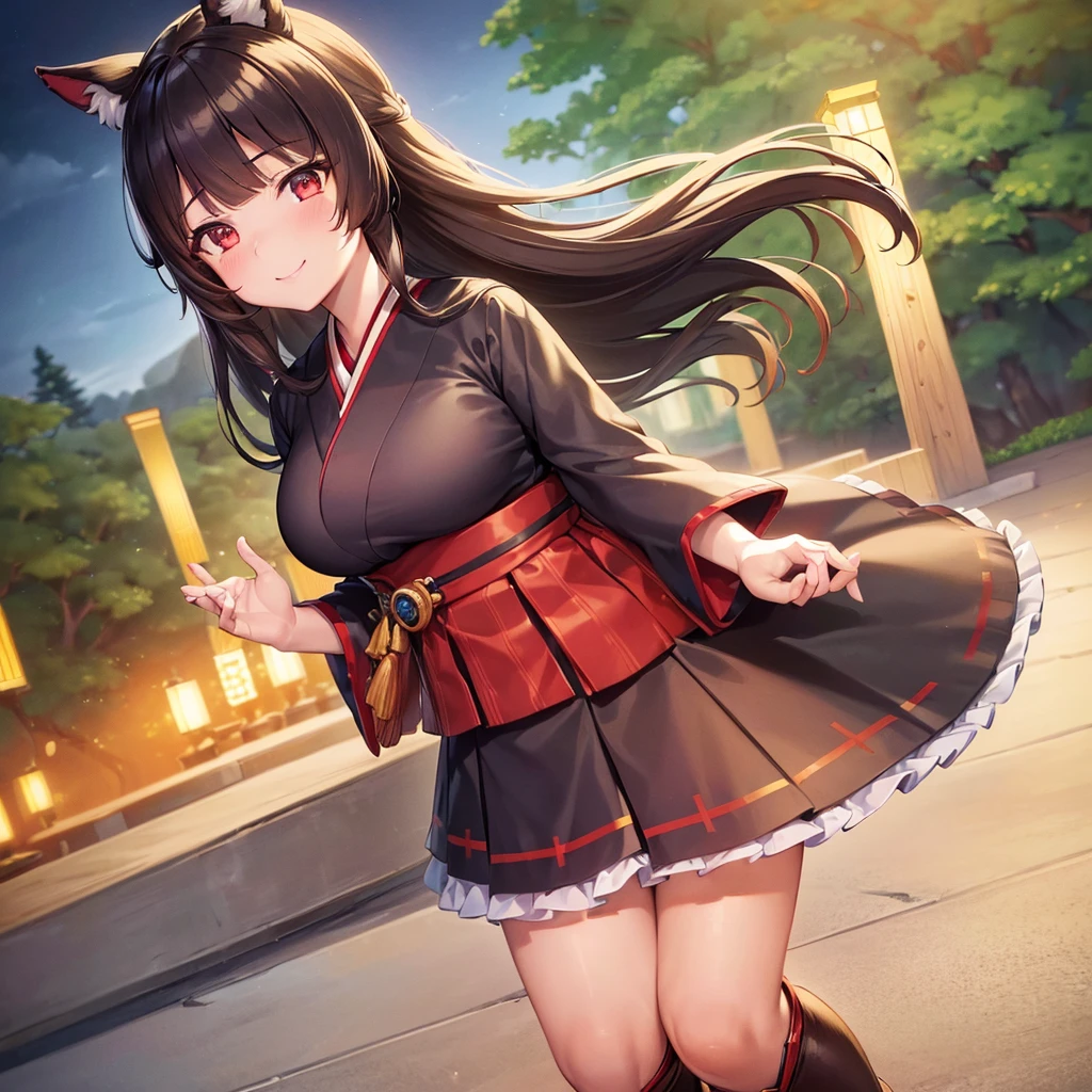 (Highly detailed:1.3), 1girl in, Solo, （red eyes:1.2), （（kitasan black（Uma Musume））） ultra-detailliert, (hight resolution:1.1), Best Quality, (masutepiece:1.3), Cinematic lighting, a smile、Yagasuri Hakama、Brown boots、taisho roman (Highly detailed face and eyes:1.3),