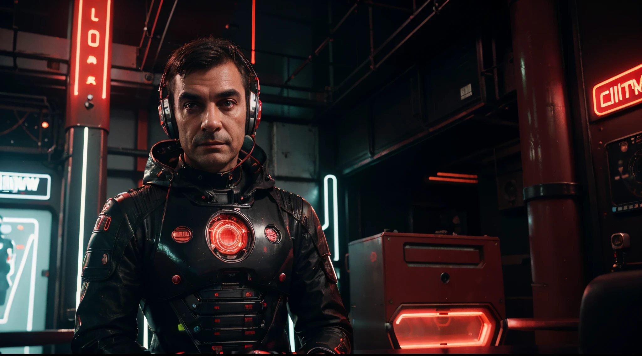 Cinematic Ultra Realistic 8k Centralized, man, MISTER BEAN, In a shiny black mechanical android costume with red details and lights with intricate cybernetic implants Headset with red neon angled inside a building with red neon lights, coat, Well-lit scenery, Cyberpunk, foto premiada, Bokeh, Red Neon Lights, cybernetic limb