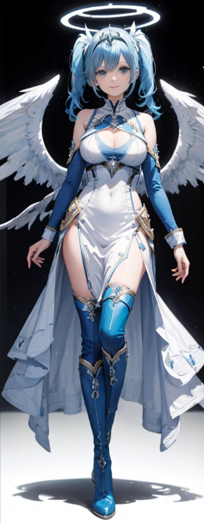 (Full body shot:1.4),white backgrounid,(1 Mech girl,shiny wings,The halo,Delicate tiara,ssmile),(paper art,Quilted paper art,geometry),(many color,Best quality at best,high detal,tmasterpiece,movie light effect,4K,lightand shade contrast),Colossal tits,Blue hair,pigtails,Blue knee-length boots