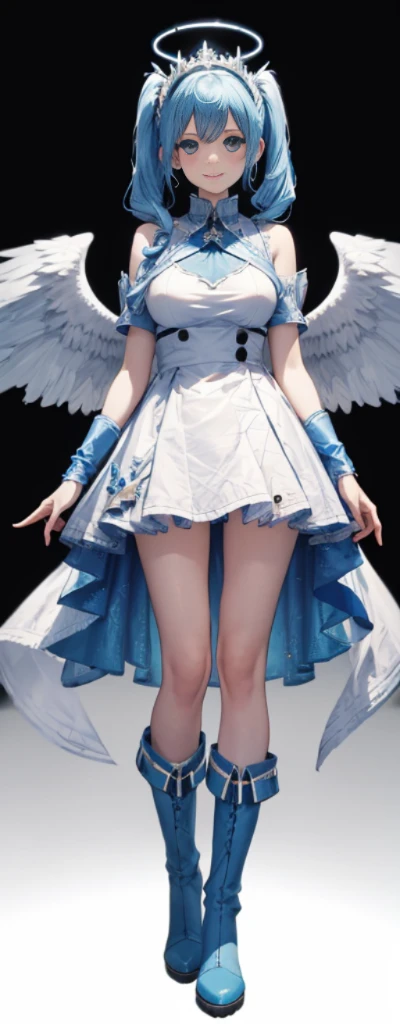 (Full body shot:1.4),white backgrounid,(1 Mech girl,shiny wings,The halo,Delicate tiara,ssmile),(paper art,Quilted paper art,geometry),(many color,Best quality at best,high detal,tmasterpiece,movie light effect,4K,lightand shade contrast),Colossal tits,Blue hair,pigtails,Blue knee-length boots